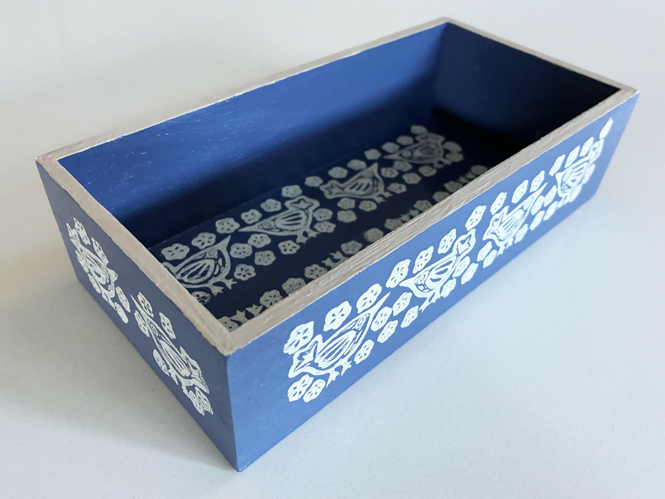 Hand-printed Small Blue Wooden Tray With Floral and Bird Design.