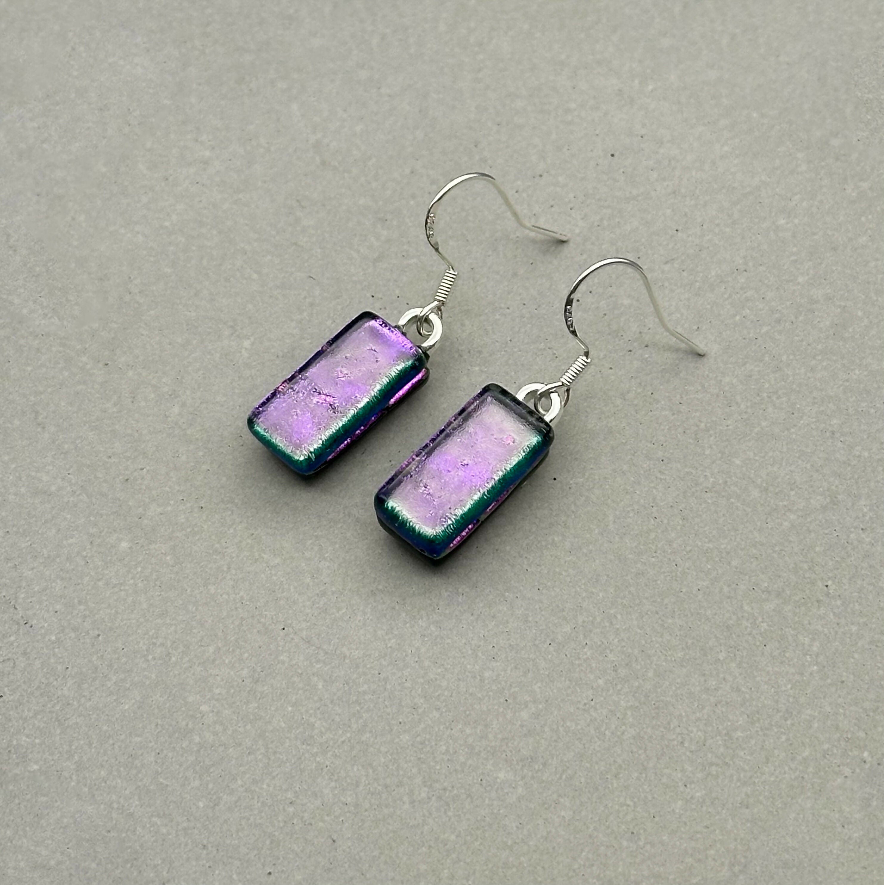 Purple Dichroic Fused Glass Dangle Sterling Silver Earrings - Handmade by Jade Tapson Glass.