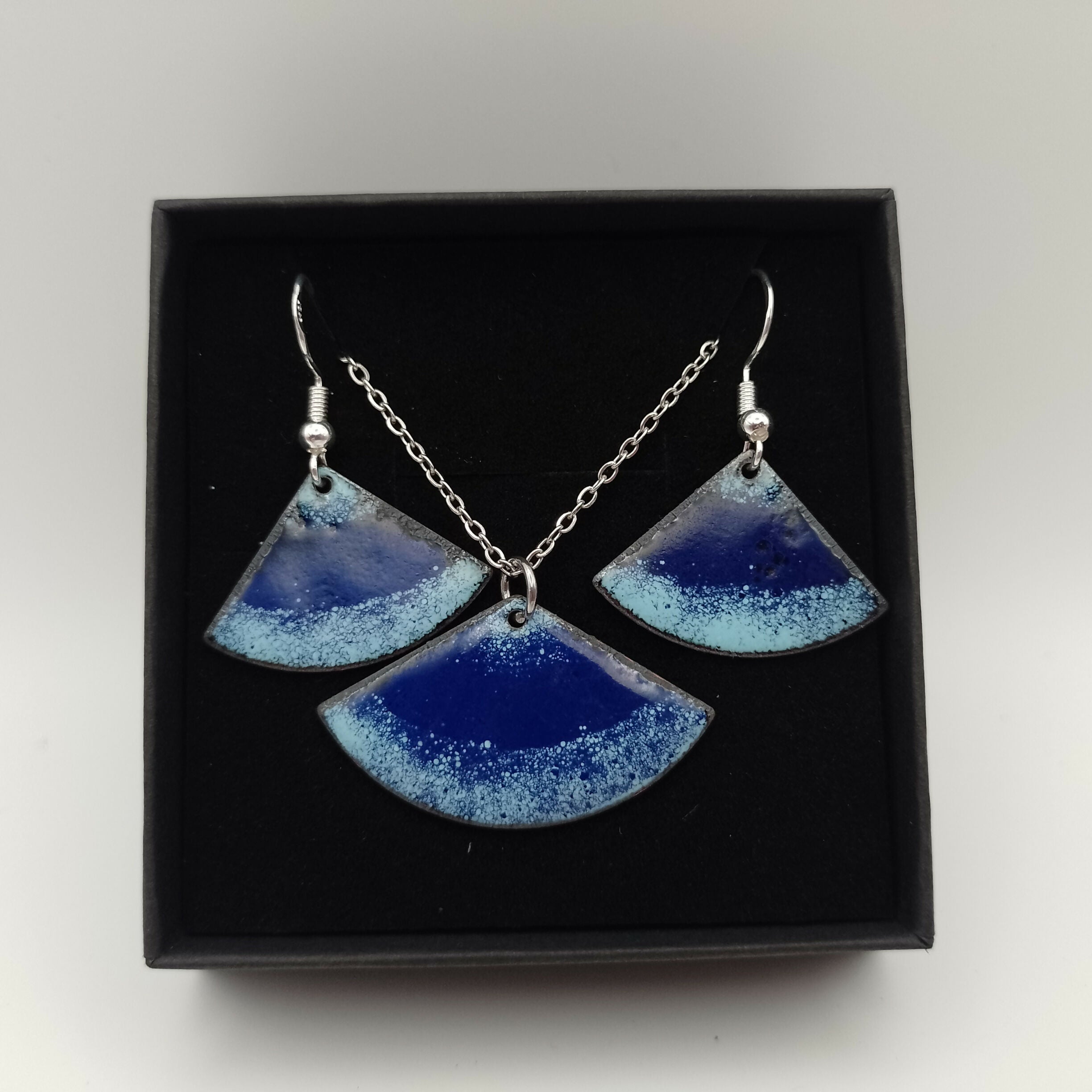 Dark and Light Blue Enamel Fan Earring and Pendant Set