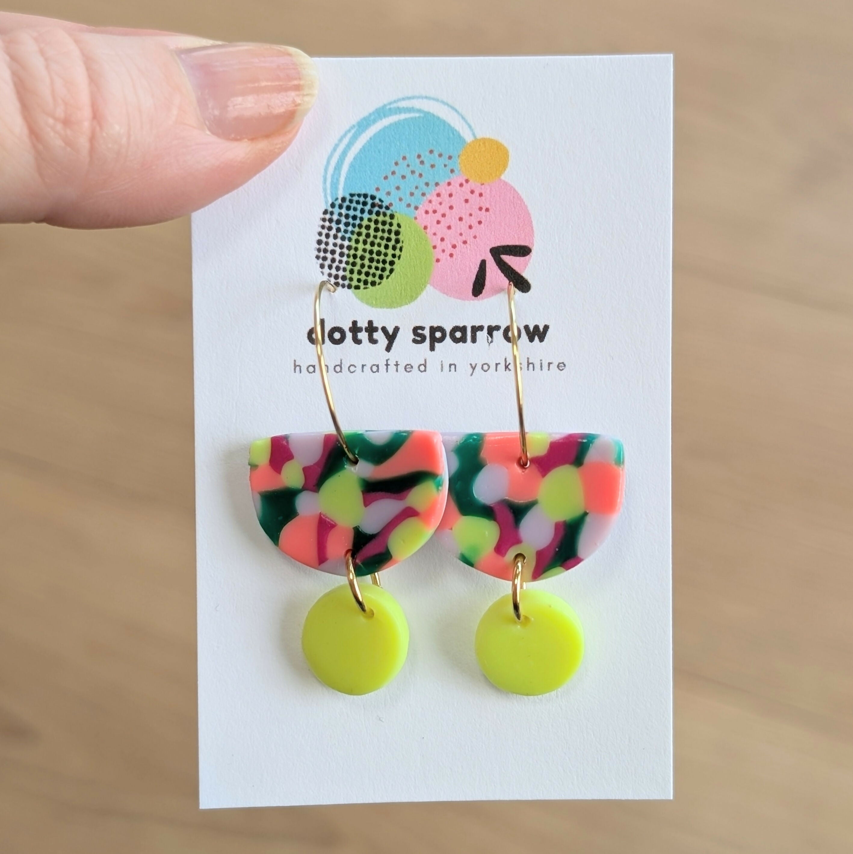 Neon Yellow, Orange, Green, Lilac & Magenta Mosaic Hoop Dangle Handmade Polymer Clay Earrings