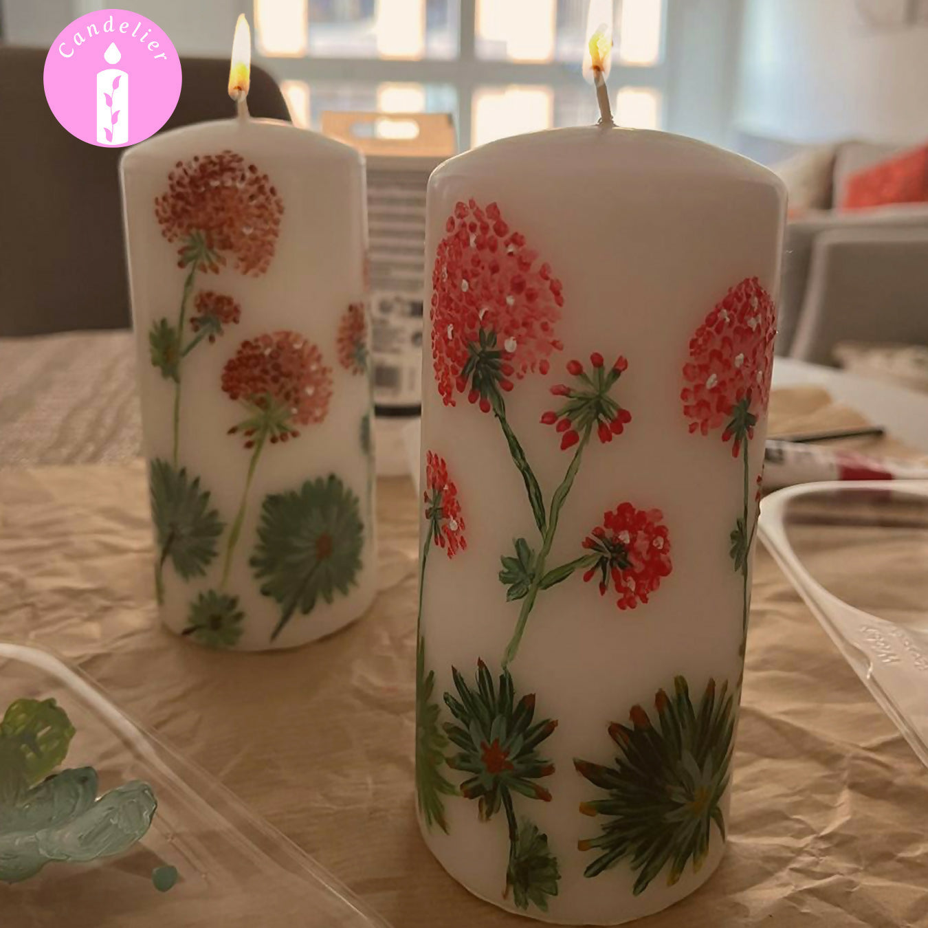 White Pillar Candle with Hydrangea Floral Design