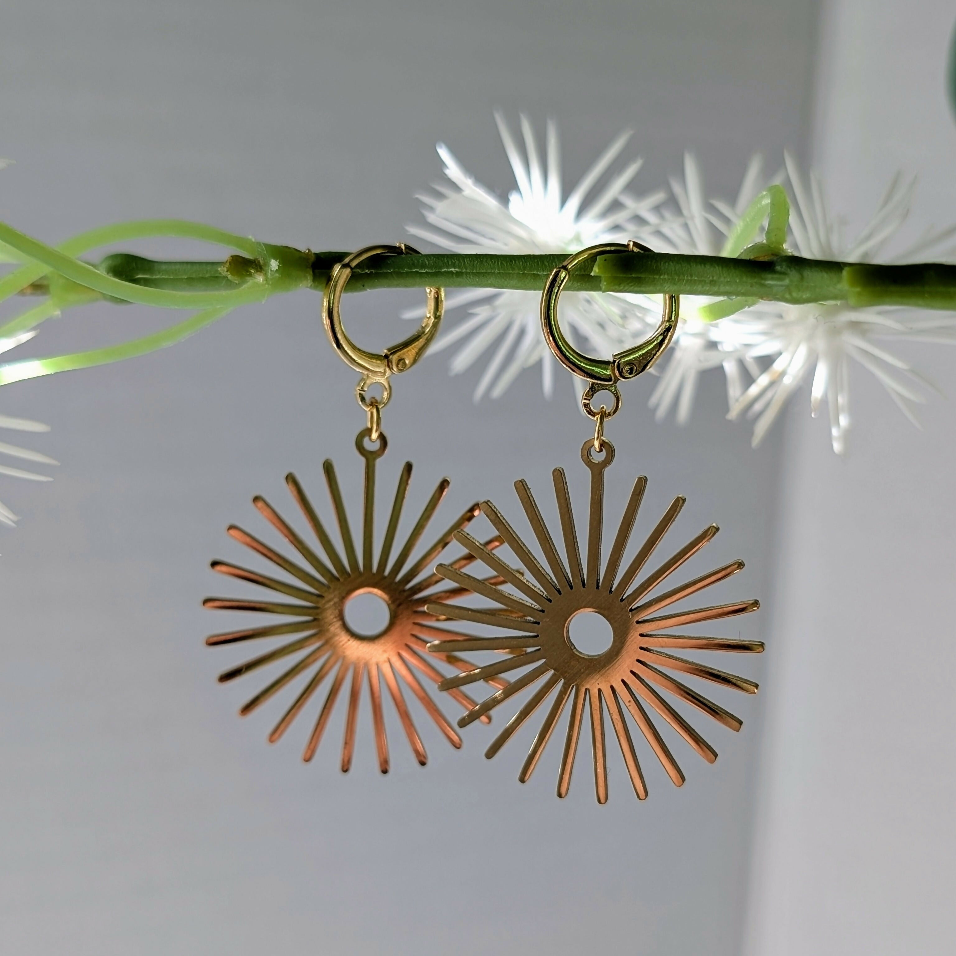 Gold Sunburst Earrings on Gold Plated Huggie