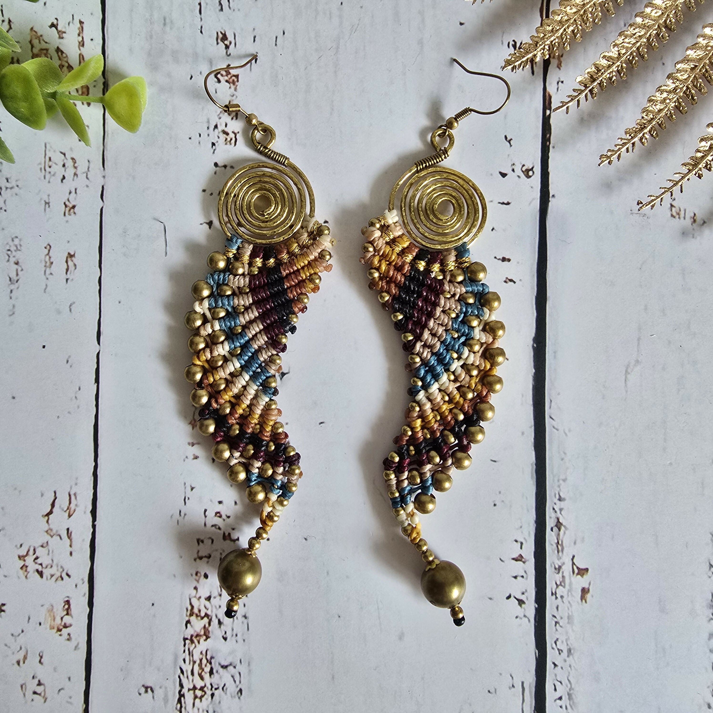 Macrame Angel Wing Earrings: Boho Gold Wire Wrapped Brass Earrings