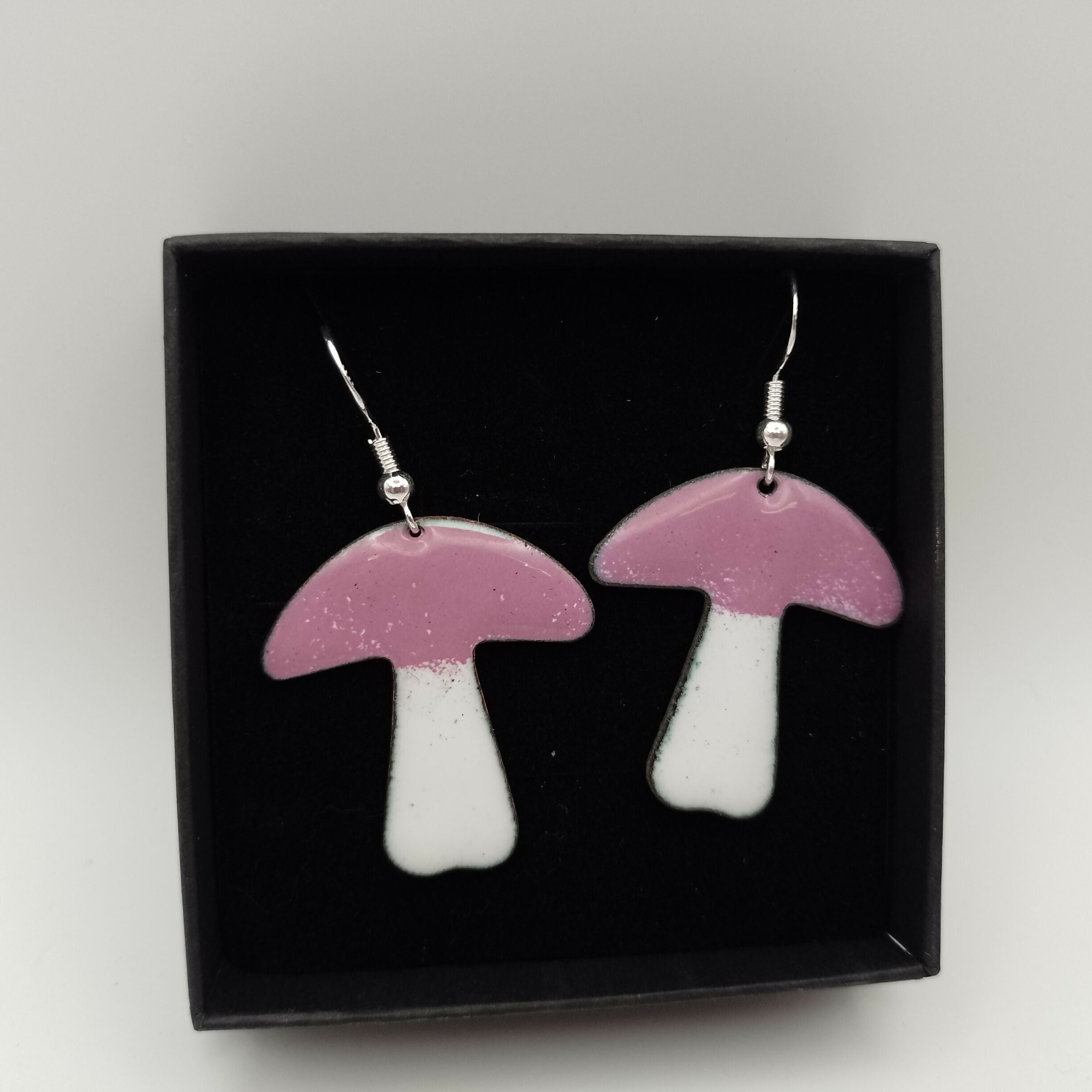 Purple and White Enamel Mushroom Earrings
