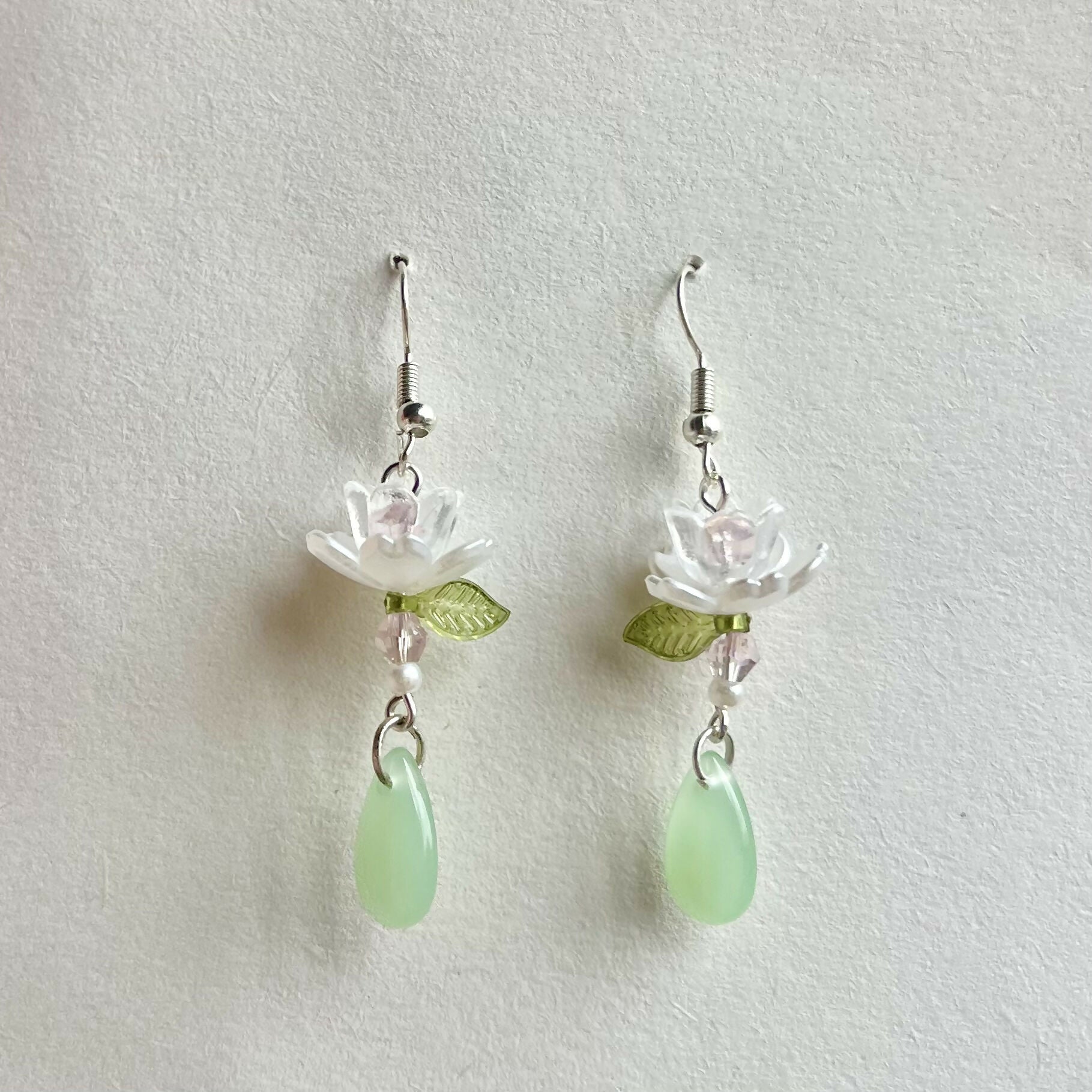 White Lotus Flower Earrings With Green Teardrop Gold