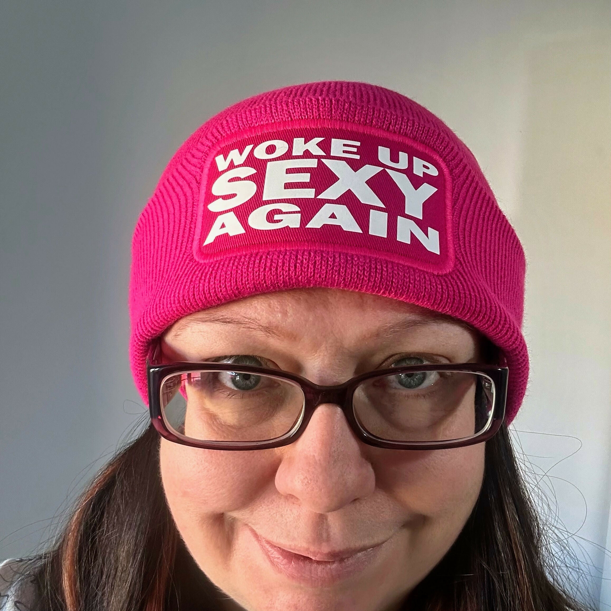 Woke Up Sexy Again Cuffed Rectangular Patch Beanie Hat