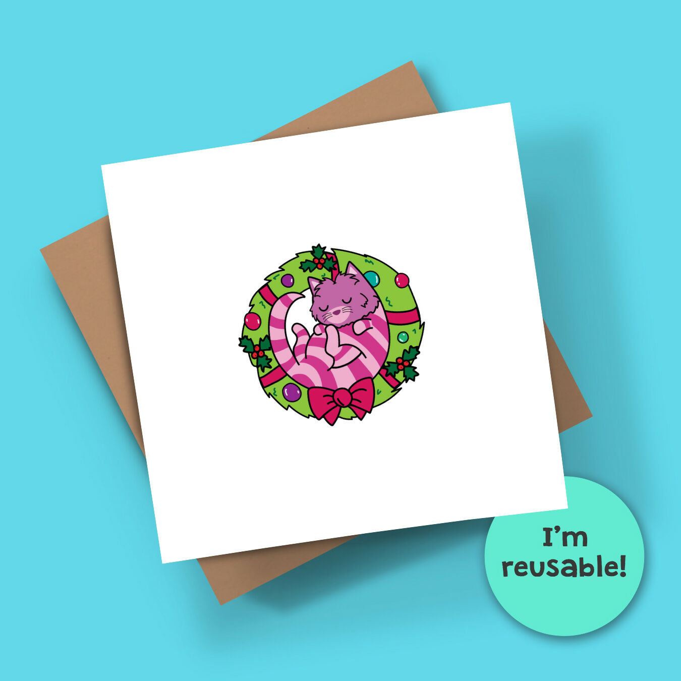 Christmas Geeky Cat Card Reusable - Wreath Cat