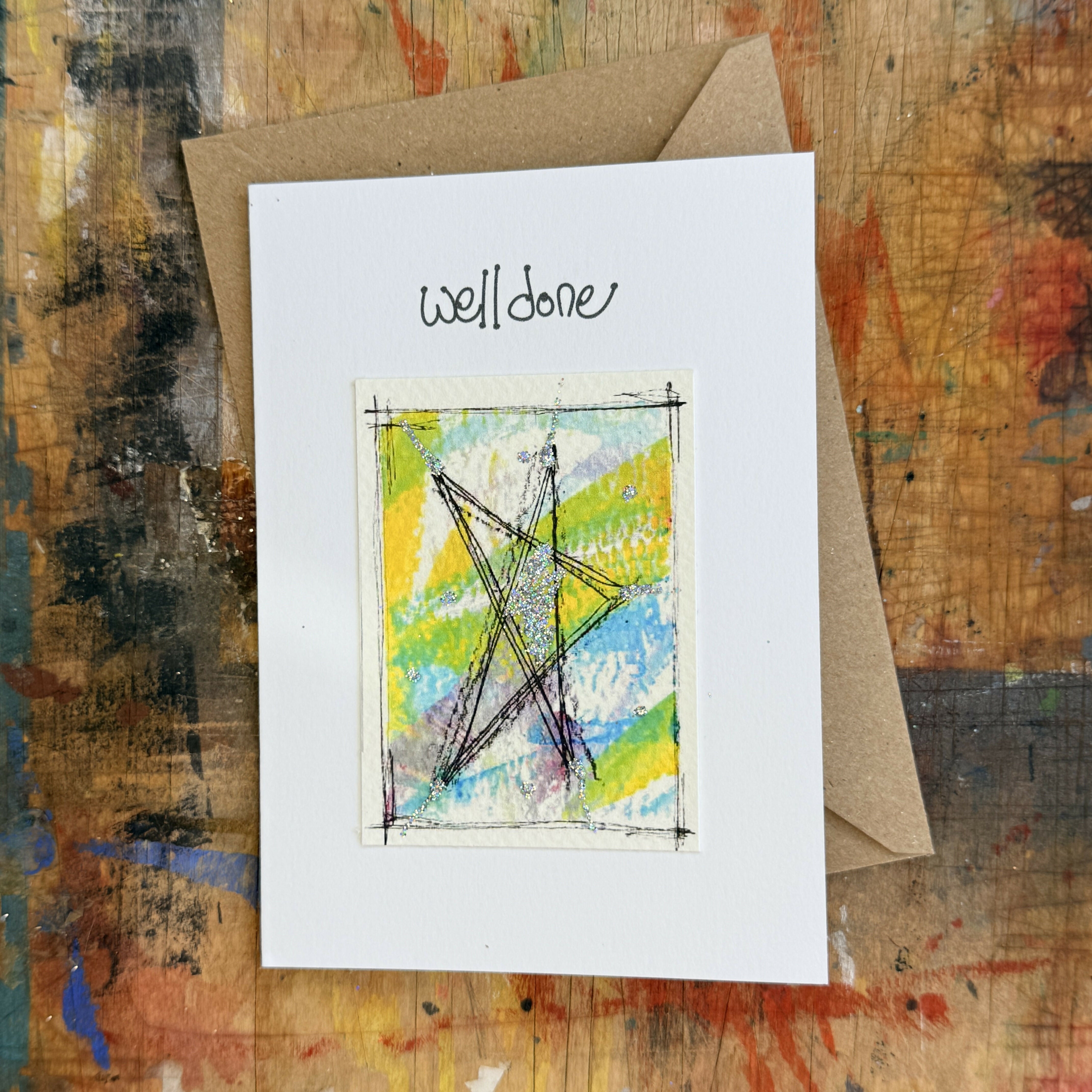 Abstract Sparkle Star Well Done Card in Blue