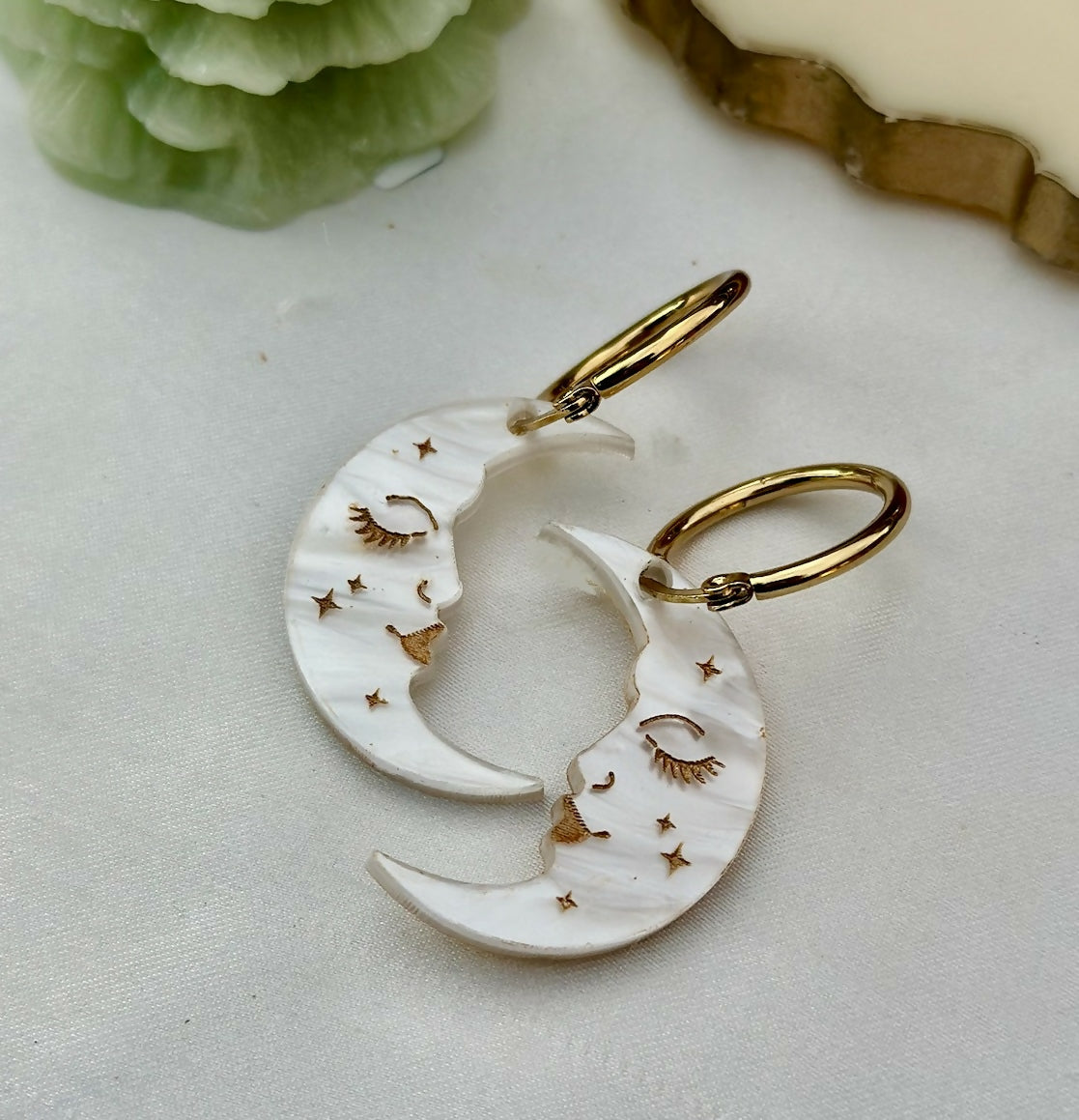 White pearl, dangly celestial moon earrings