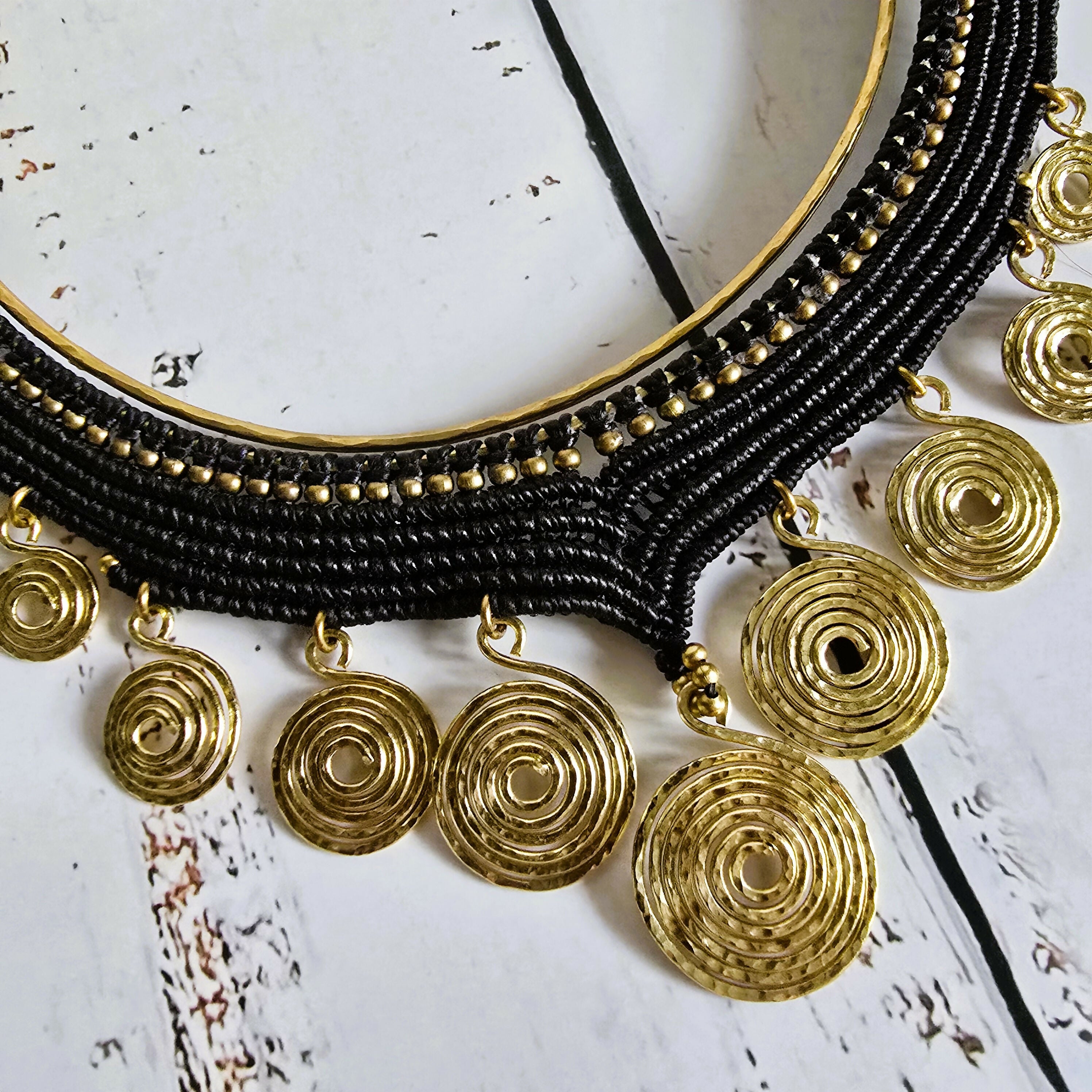 Black Macrame & Gold Brass Wire Spiral Choker; Egyptian Queen Tribal Statement Thai Jewellery