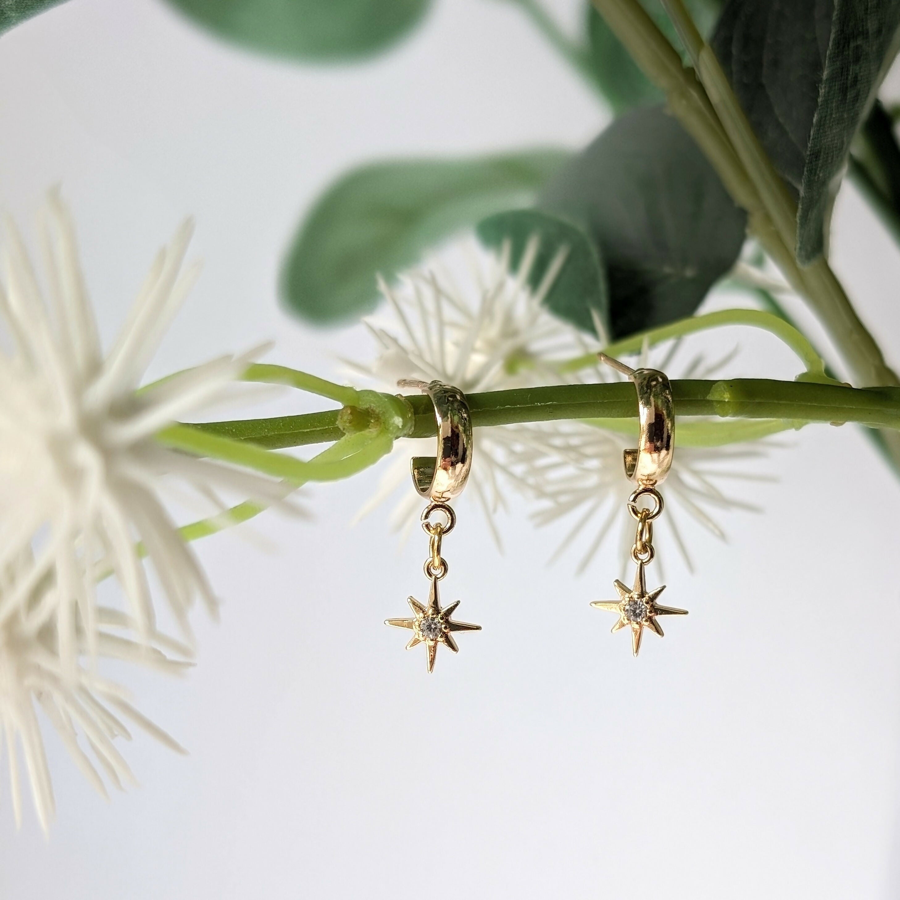 Tiny Gold Cubic Zirconia Star Earrings on a Gold Plated Half Loop Huggie Stud