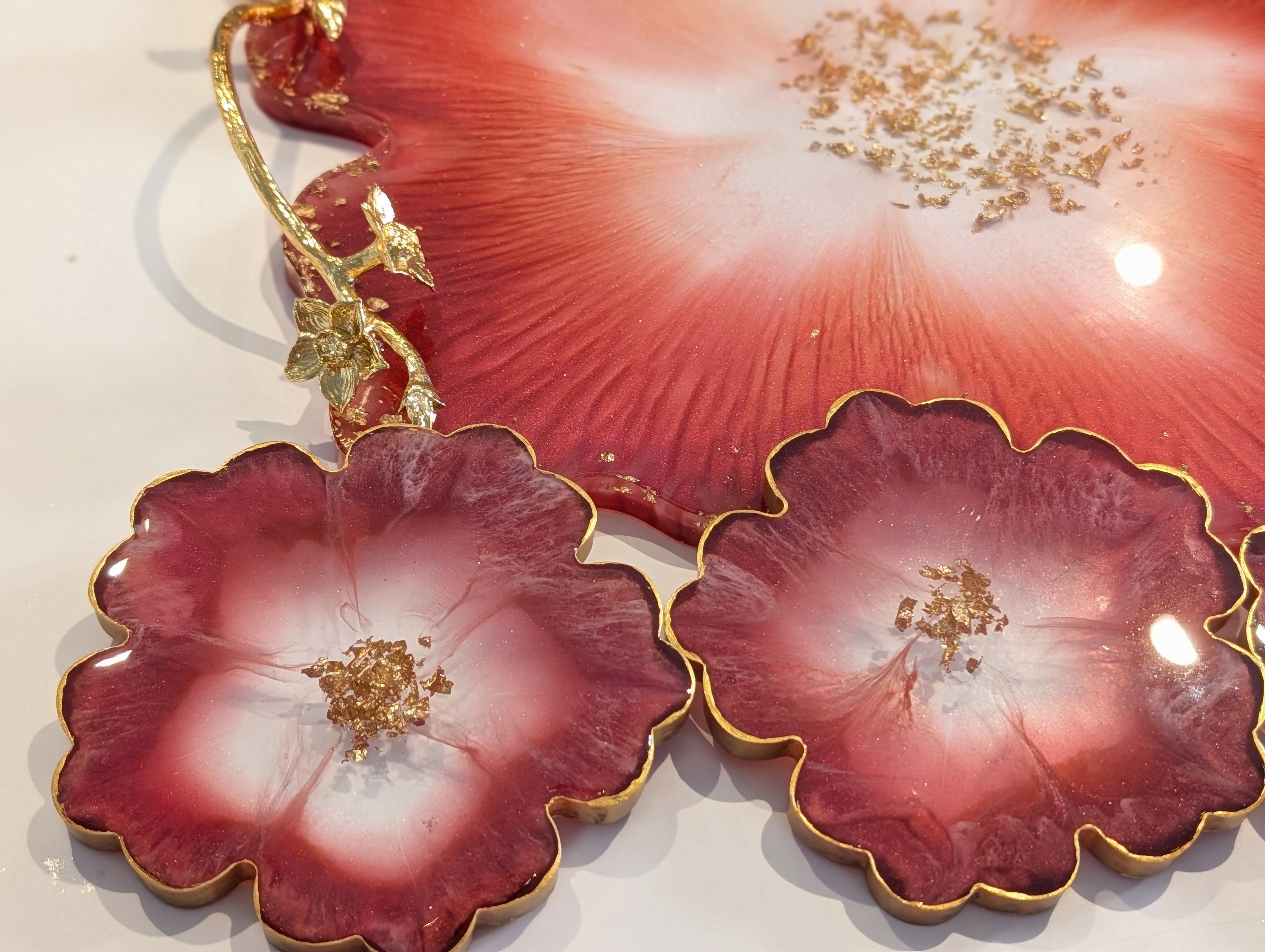 ELEGANT RED FLORAL RESIN TRAY SET WITH COASTERS