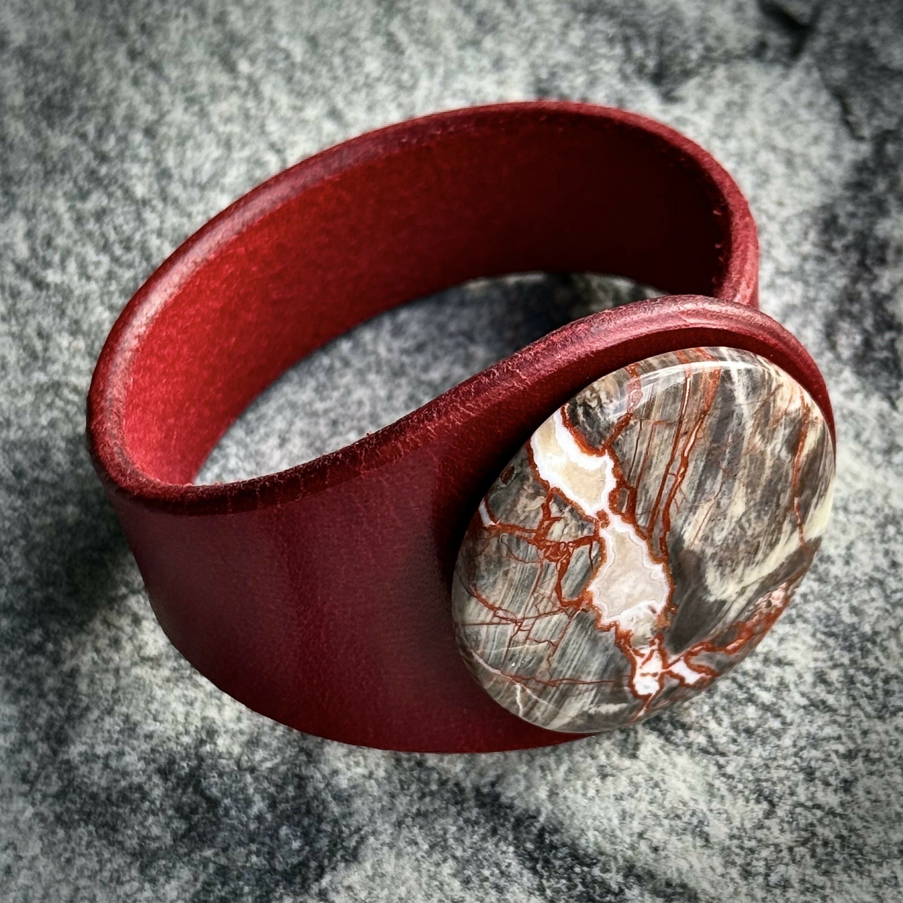 Handcrafted Natural Leather & Money Agate Gemstone Bracelet - Size S or M
