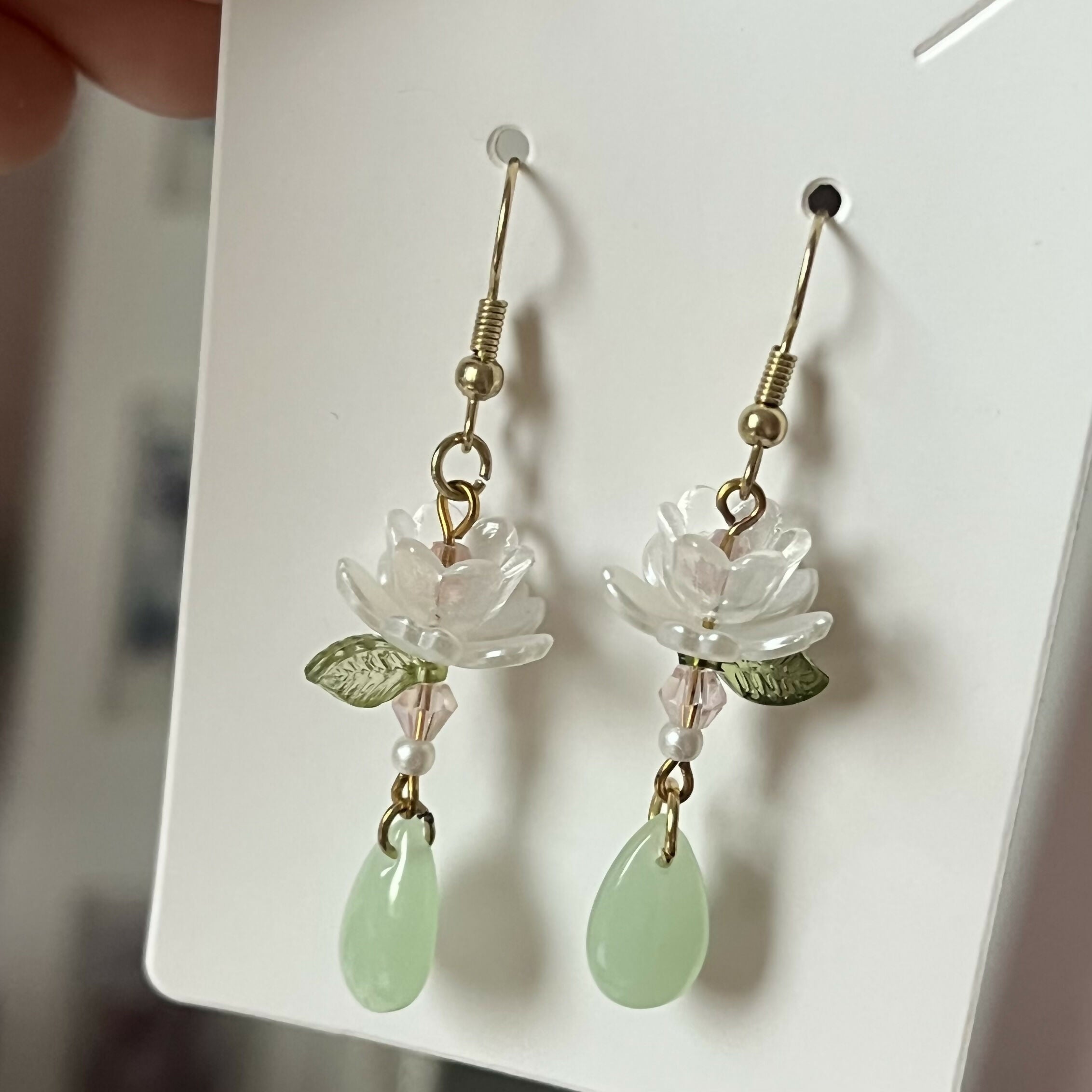 White Lotus Flower Earrings With Green Teardrop Gold