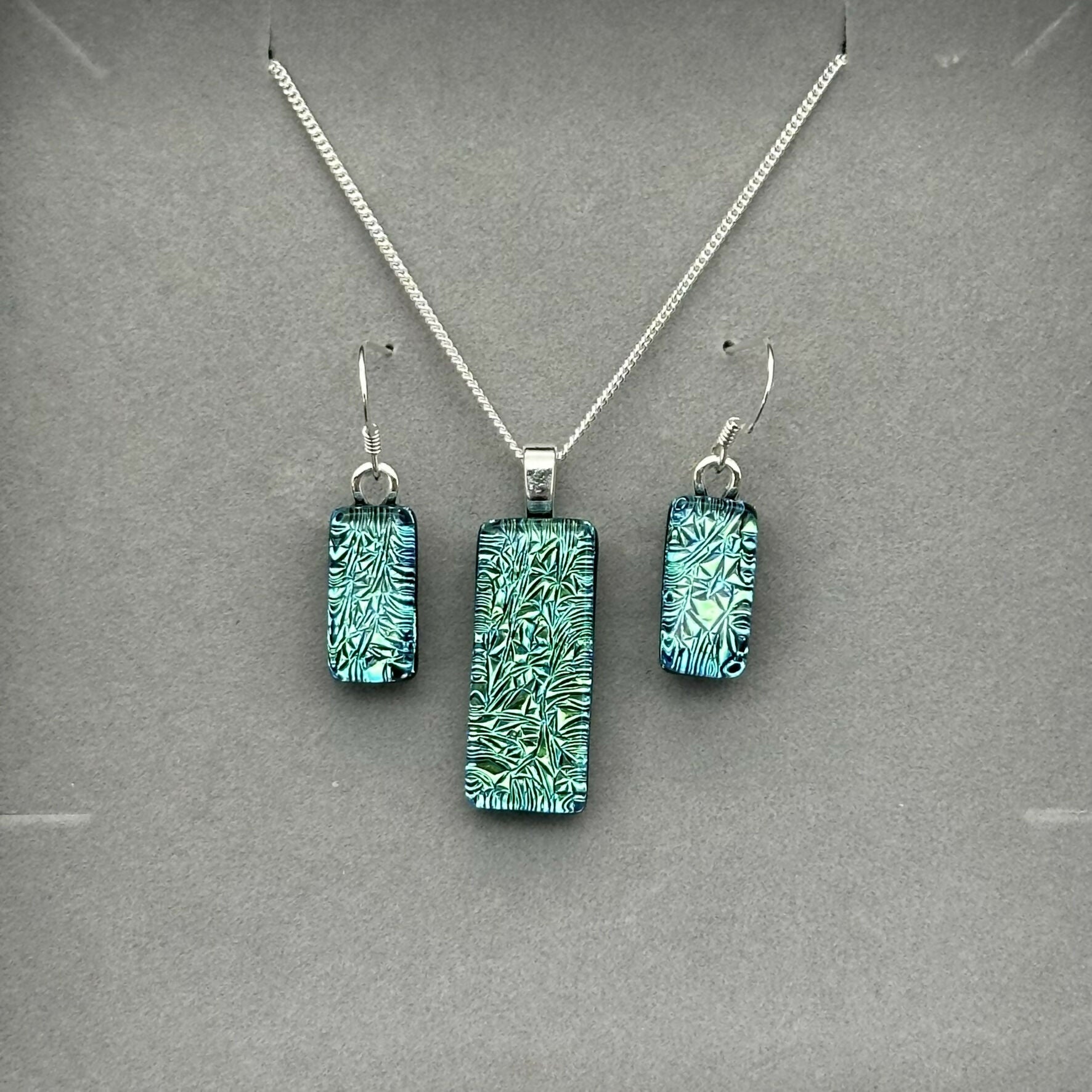 Green & Blue Crackle Dichroic Glass Necklace and Earrings Set - Sterling Silver, Handmade by Jade Tapson Glass