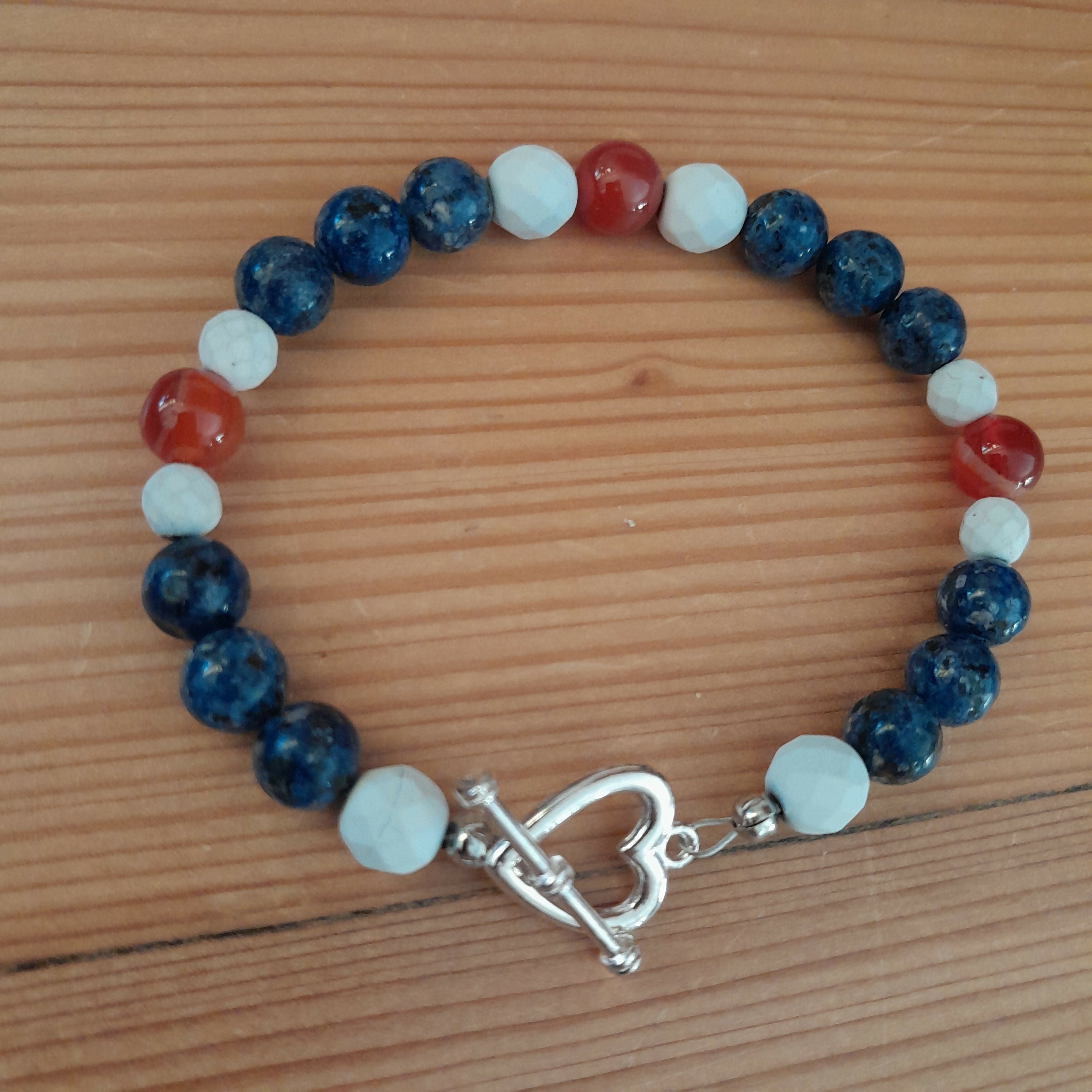 Tibetan Silver Toggle Catch Bracelet with Faceted White Howlite, Blue Spotted Jasper & Orange Banded Agate.