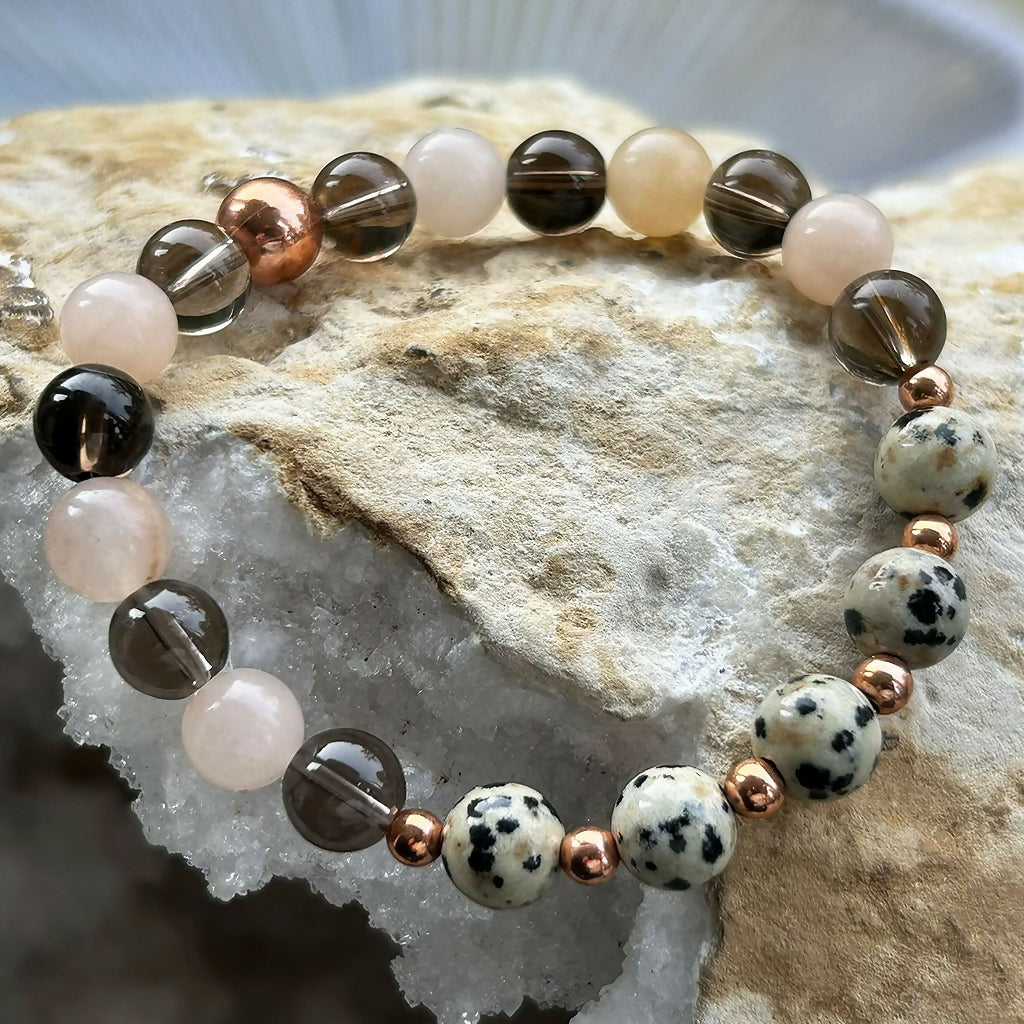 Handmade Smokey Quartz, Dalmatian Jasper And Peach Calcite Stretch Bracelet