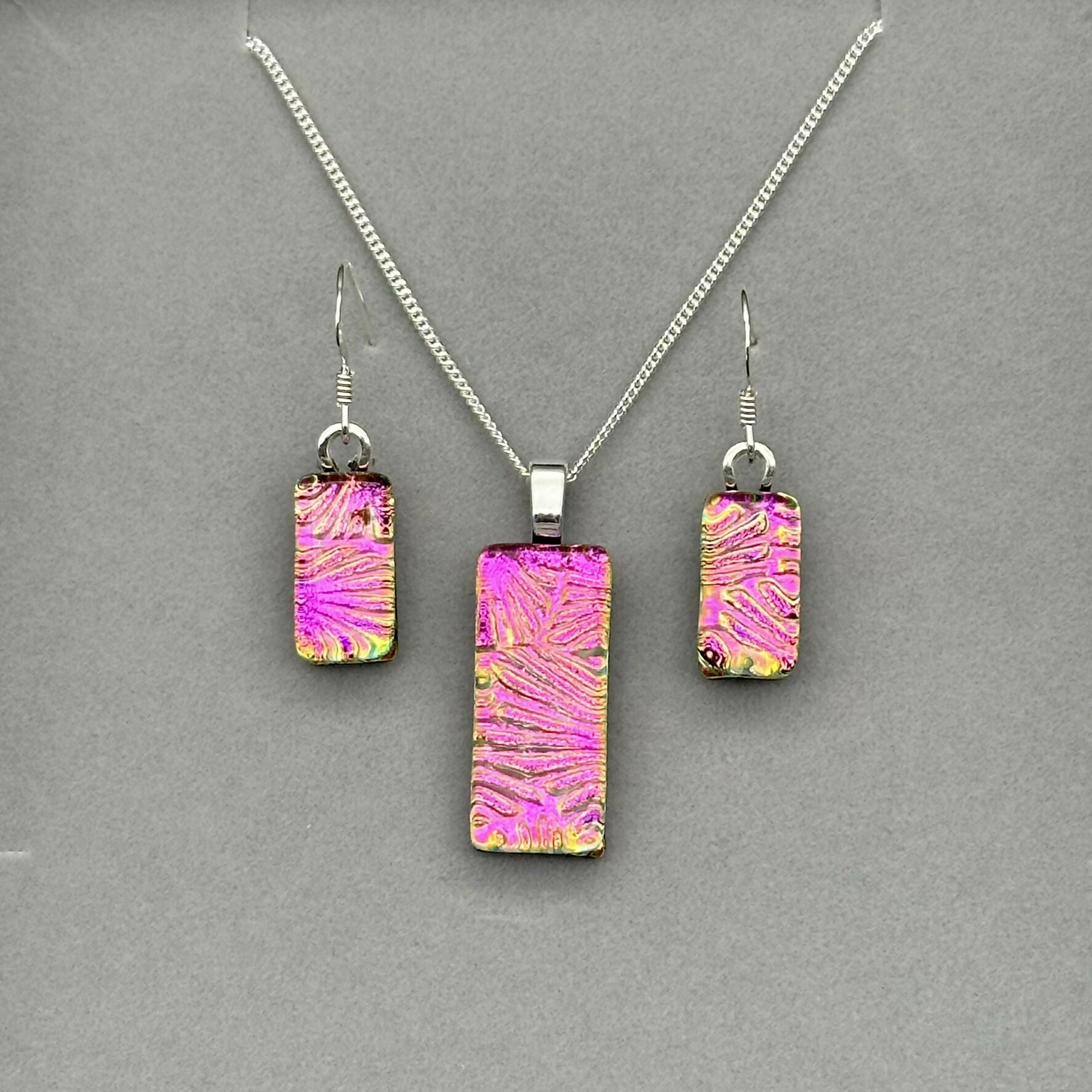 Pink Flower Dichroic Glass Necklace and Earrings Set - Sterling Silver, Handmade by Jade Tapson Glass.