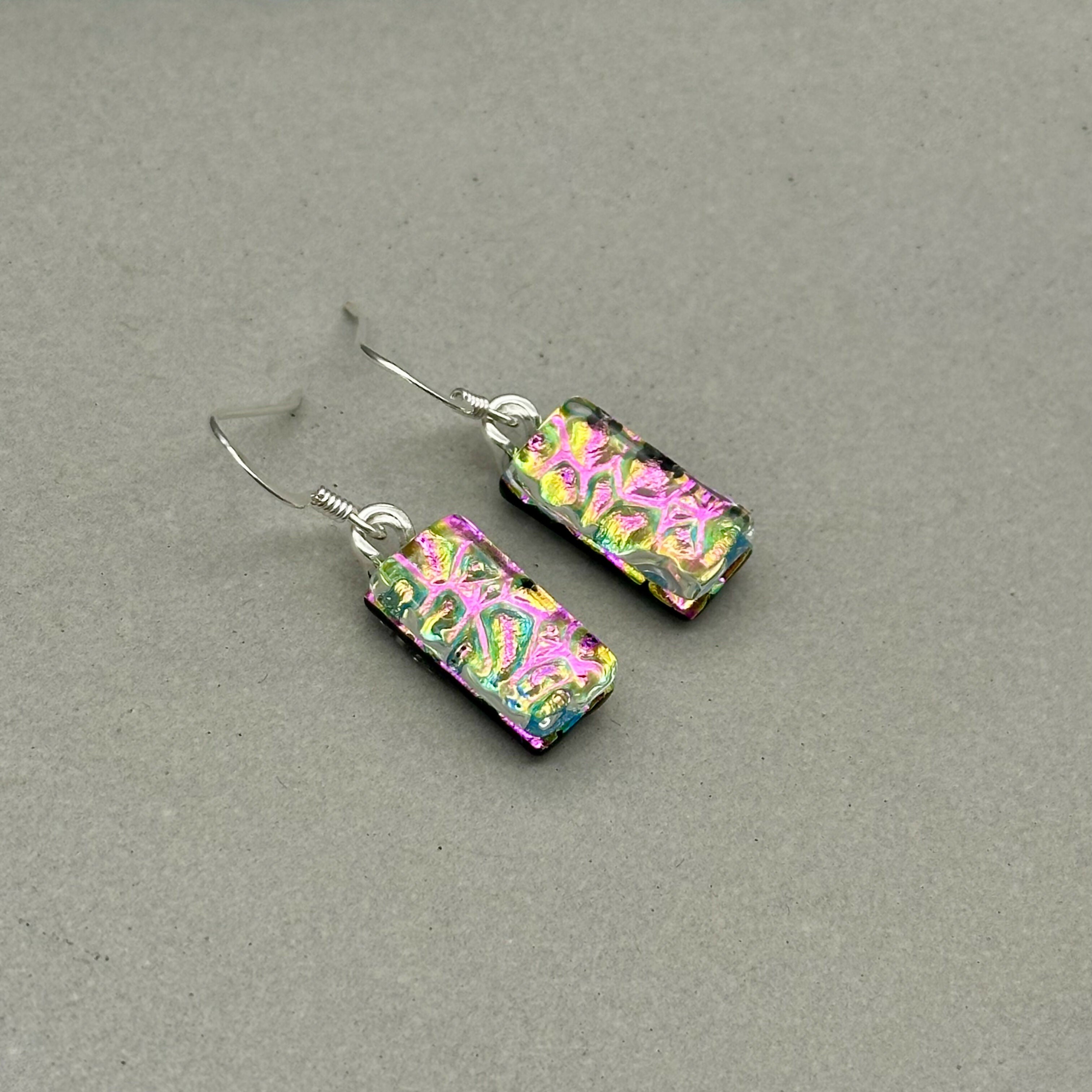 Pink Raindrop Dichroic Fused Glass Dangle Sterling Silver Earrings - Handmade by Jade Tapson Glass.