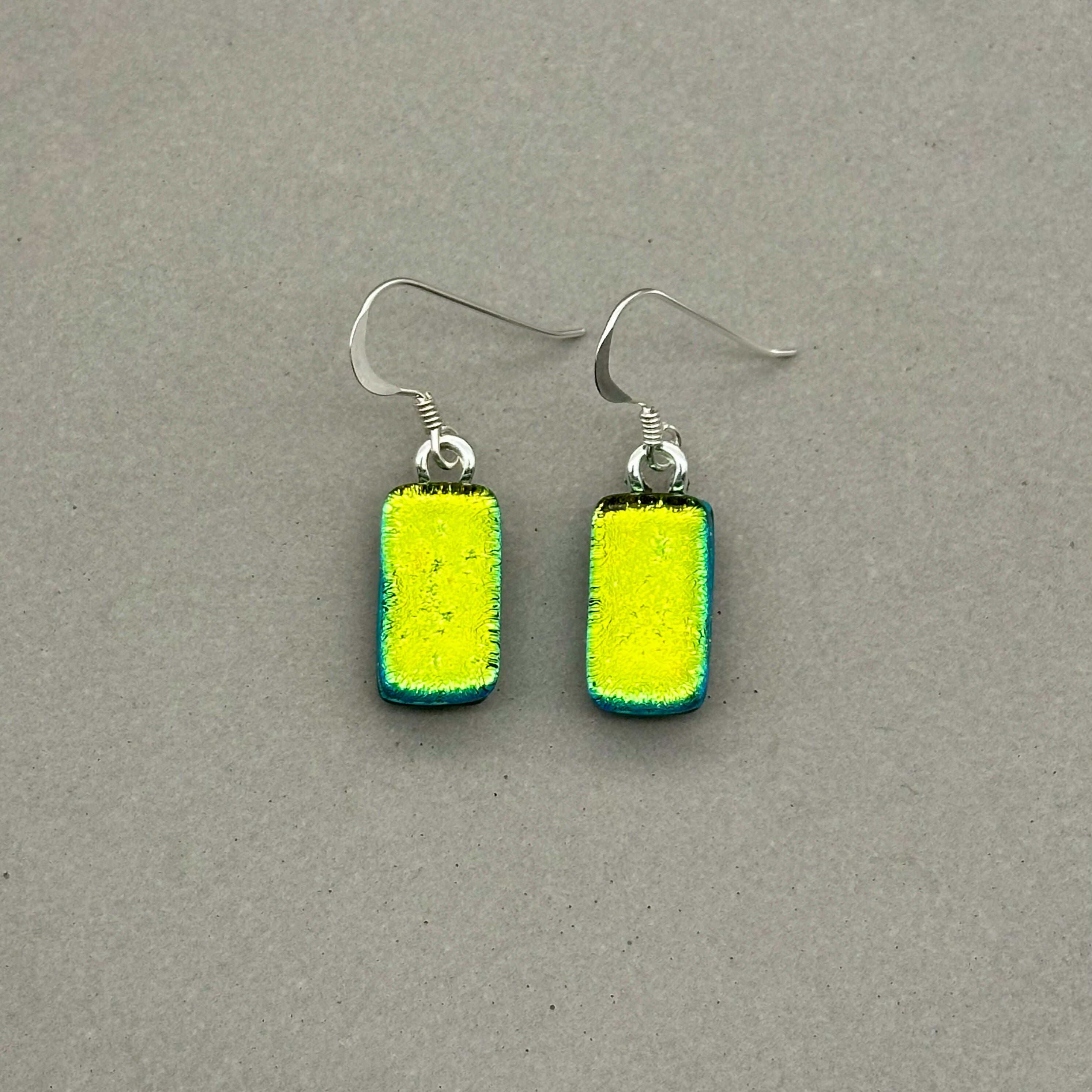 Yellow & Green Dichroic Fused Glass Dangle Sterling Silver Earrings - Handmade by Jade Tapson Glass.