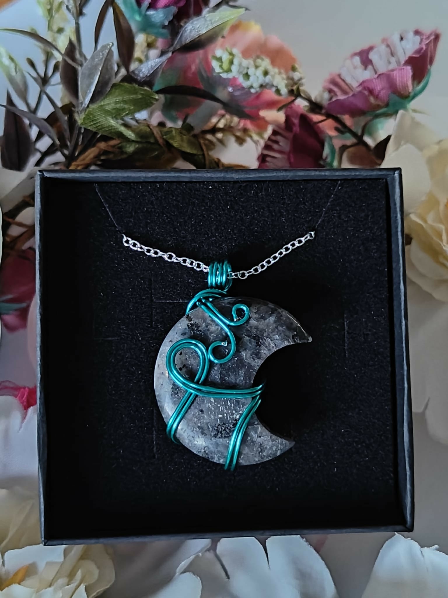 Labradorite Wire Wrapped Crystal Moon Necklace on Sterling Silver Chain