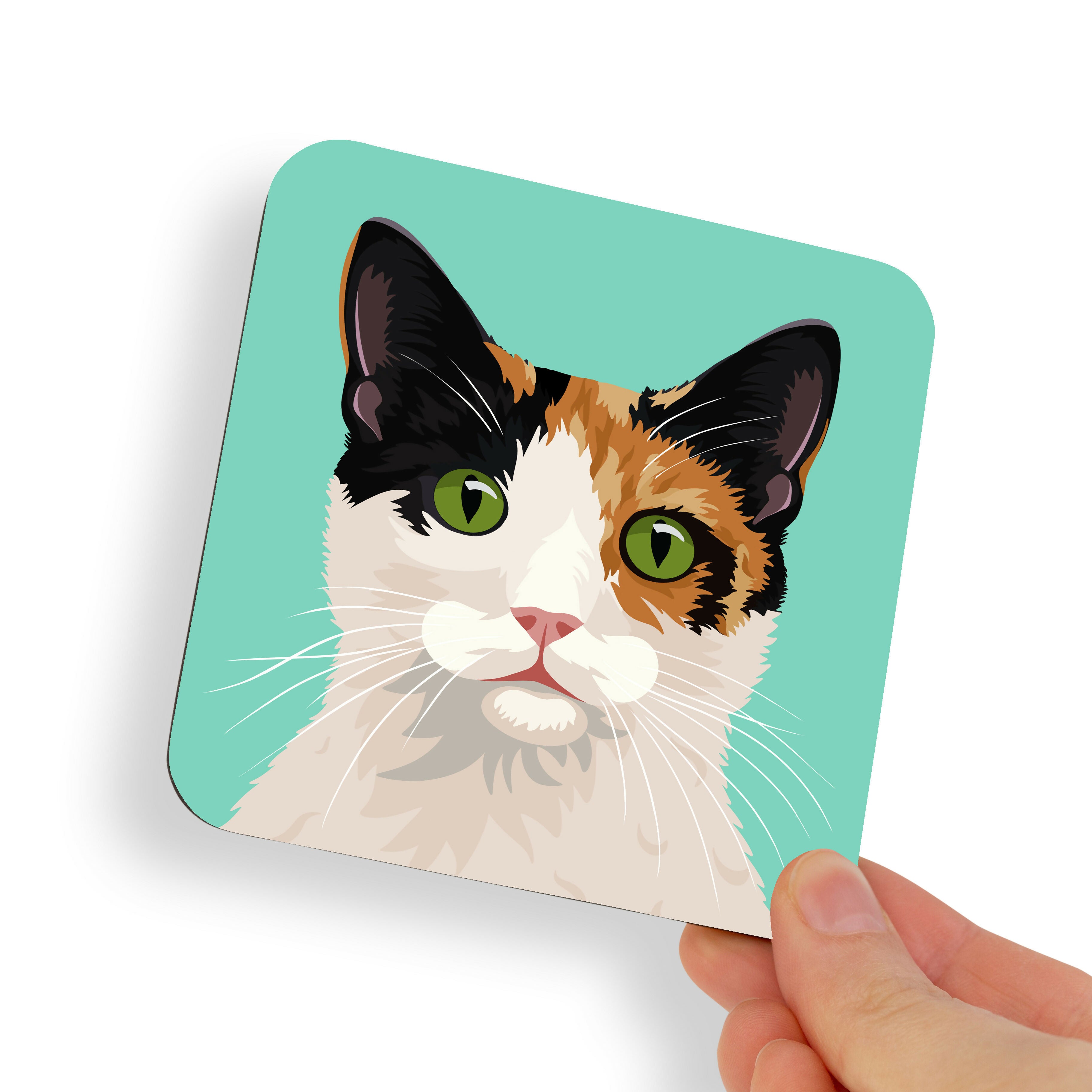 White, Black and Ginger Calico Green Eyes Cat Coaster