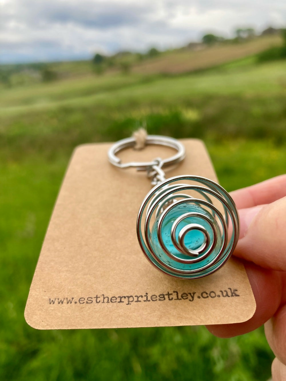 Blue Vintage Glass Marble in Silver Plated Wire Cage on keyring