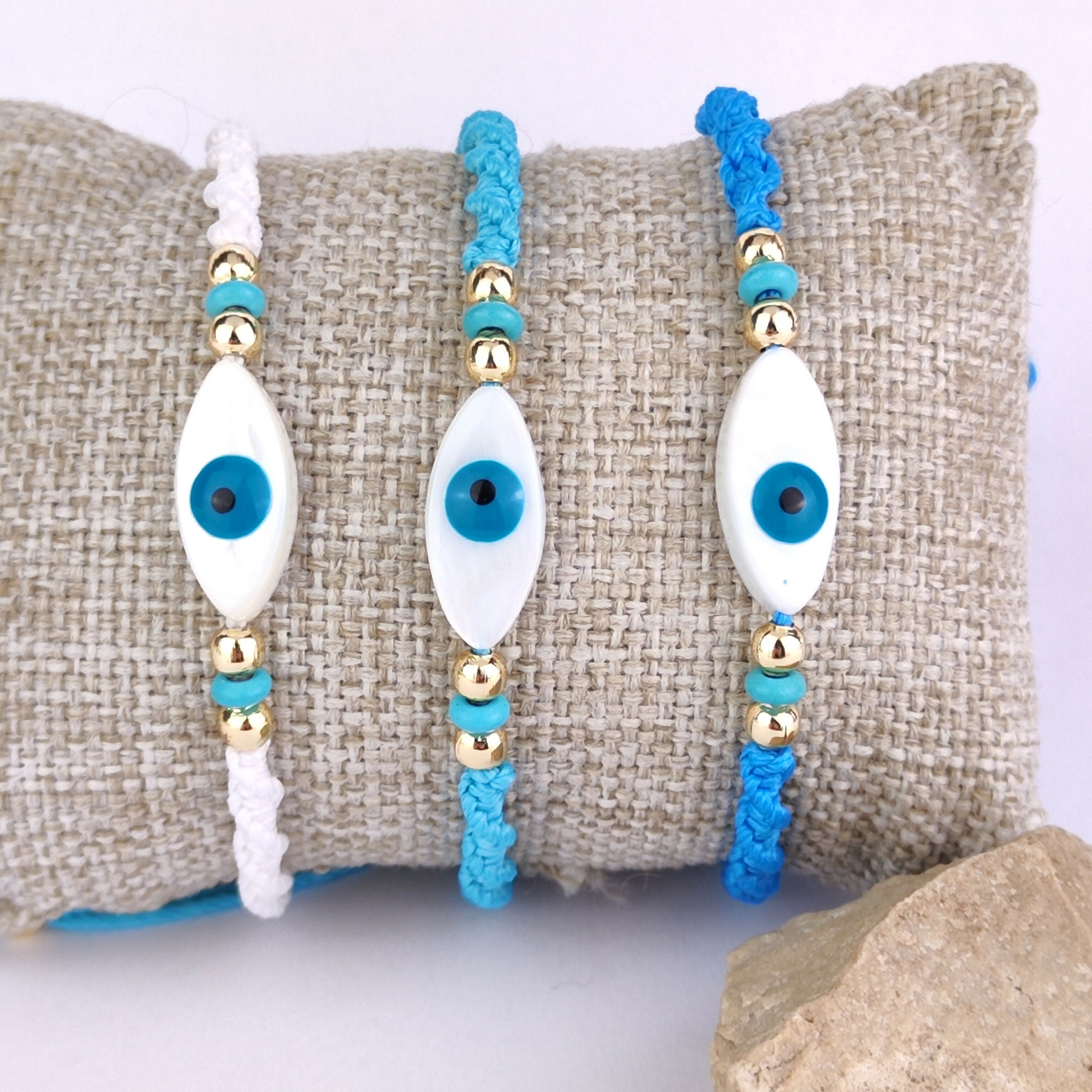 Evil Eye Macrame Bracelet - Natural Mother of Pearl Charm with Evil Eye Motif