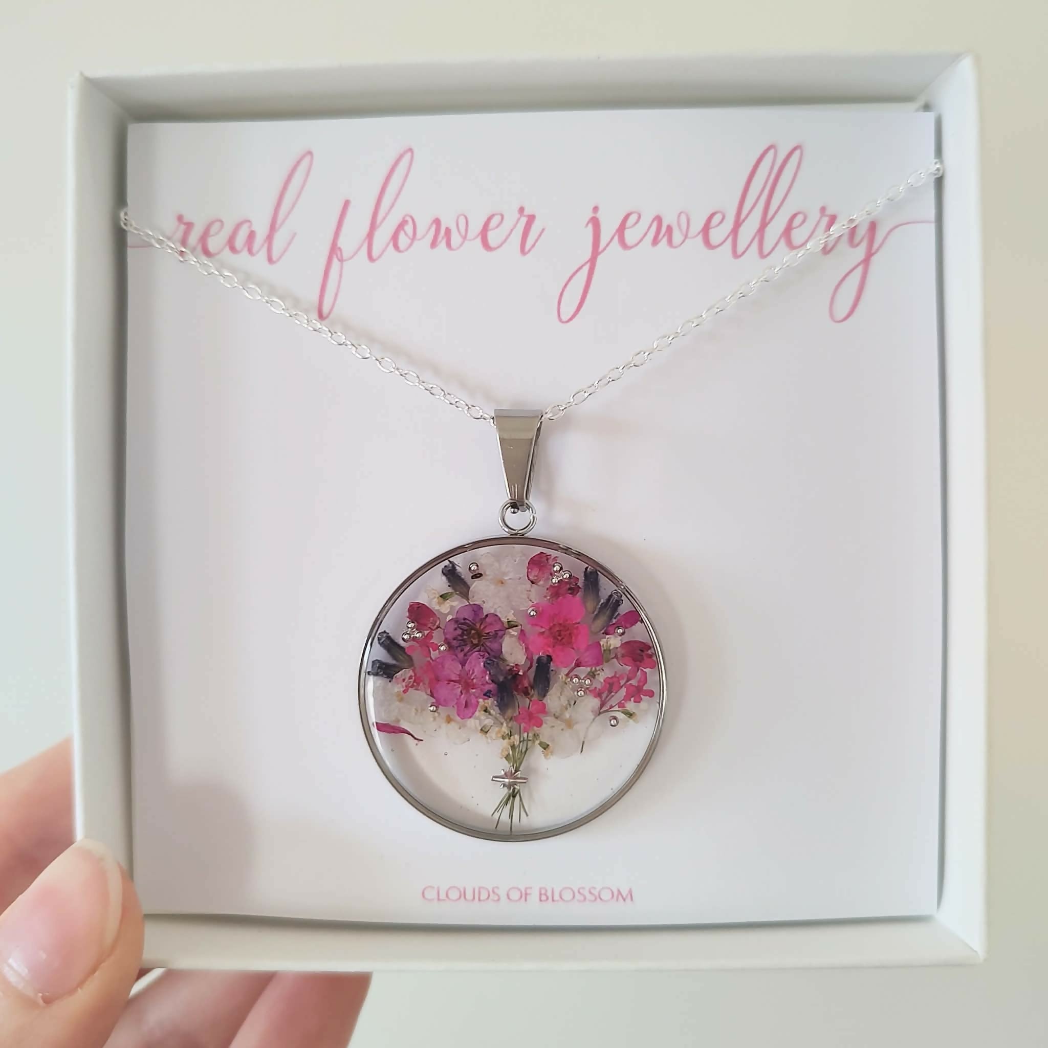 Pressed Flower Pink Bouquet Circle Necklace Stainless Steel