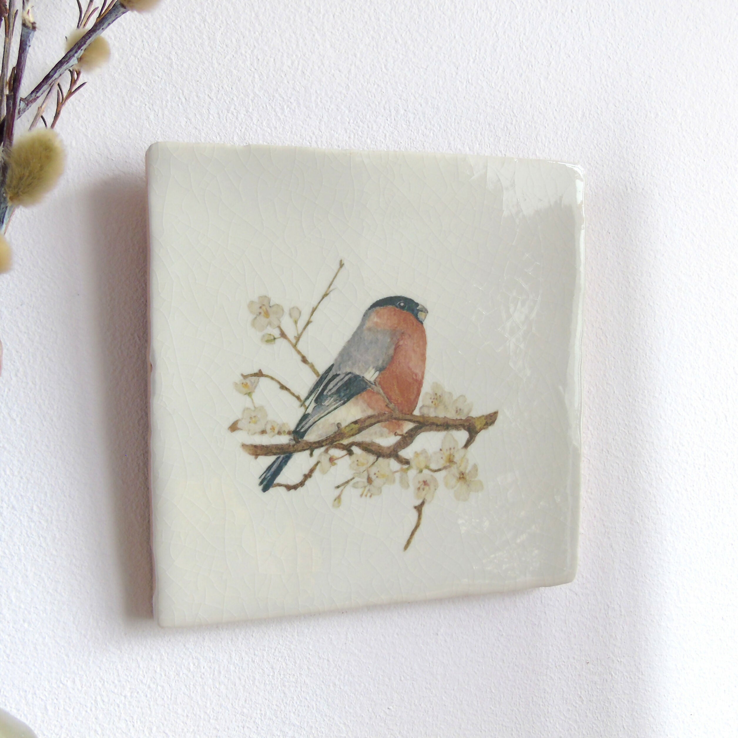 Bullfinch and Blossom Ceramic Tile Wall Art