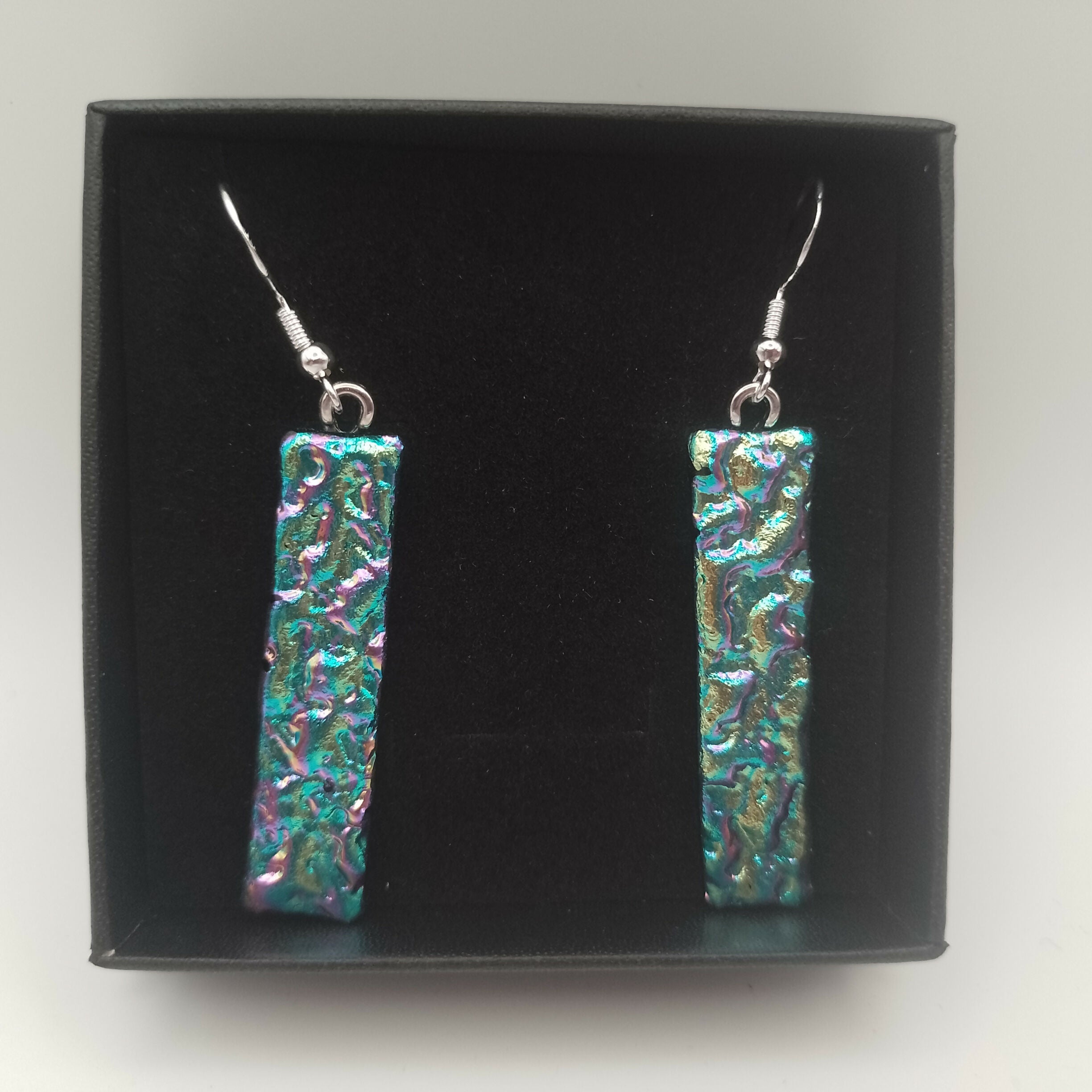 Green, Pink and Blue Rippled Dichroic Earrings