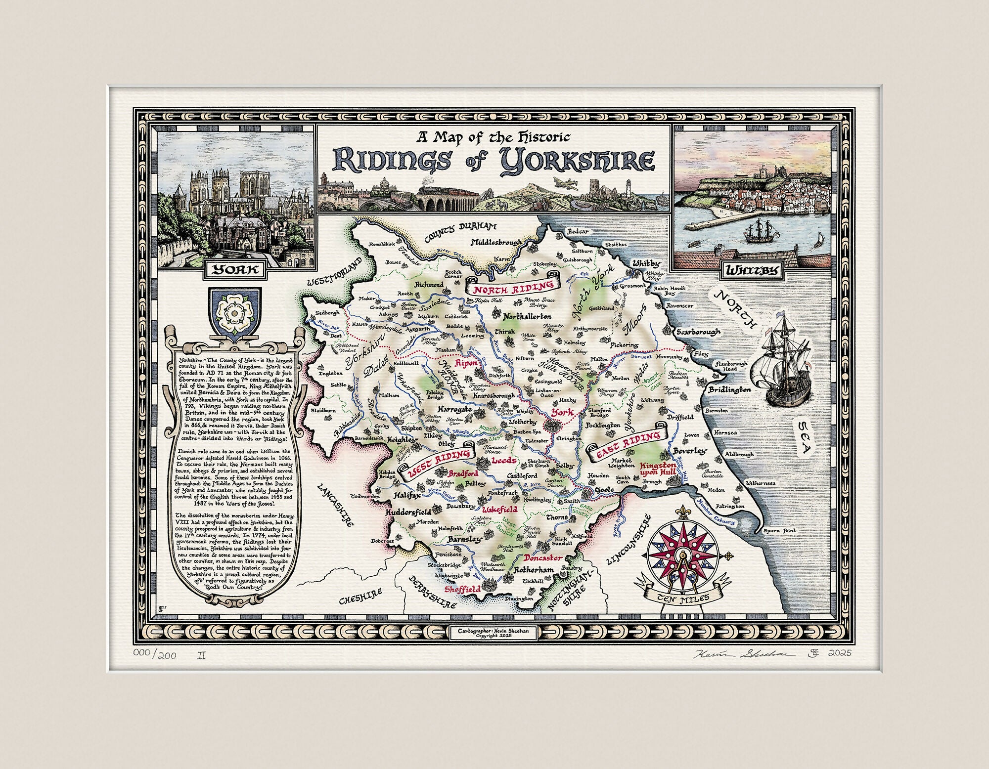 Yorkshire Ridings Map Hand Drawn Fine Art Print