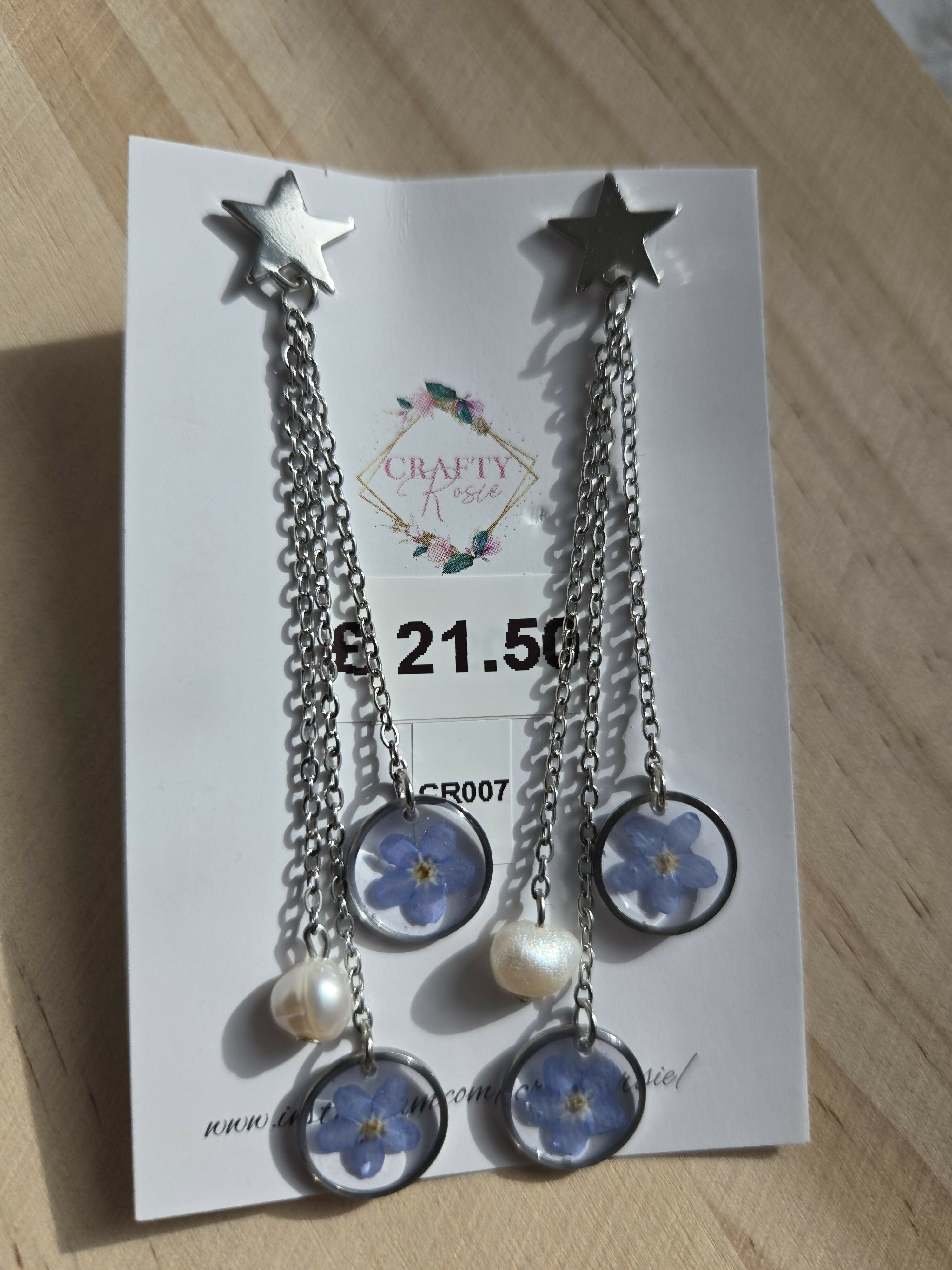 Stainless Steel Real Forget Me Not and Pearl Dangle Earrings