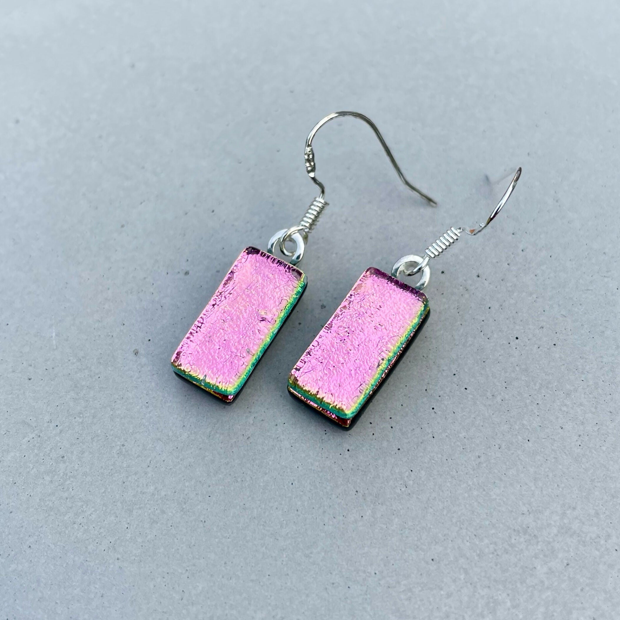Pink Dichroic Fused Glass Dangle Sterling Silver Earrings - Handmade by Jade Tapson Glass.