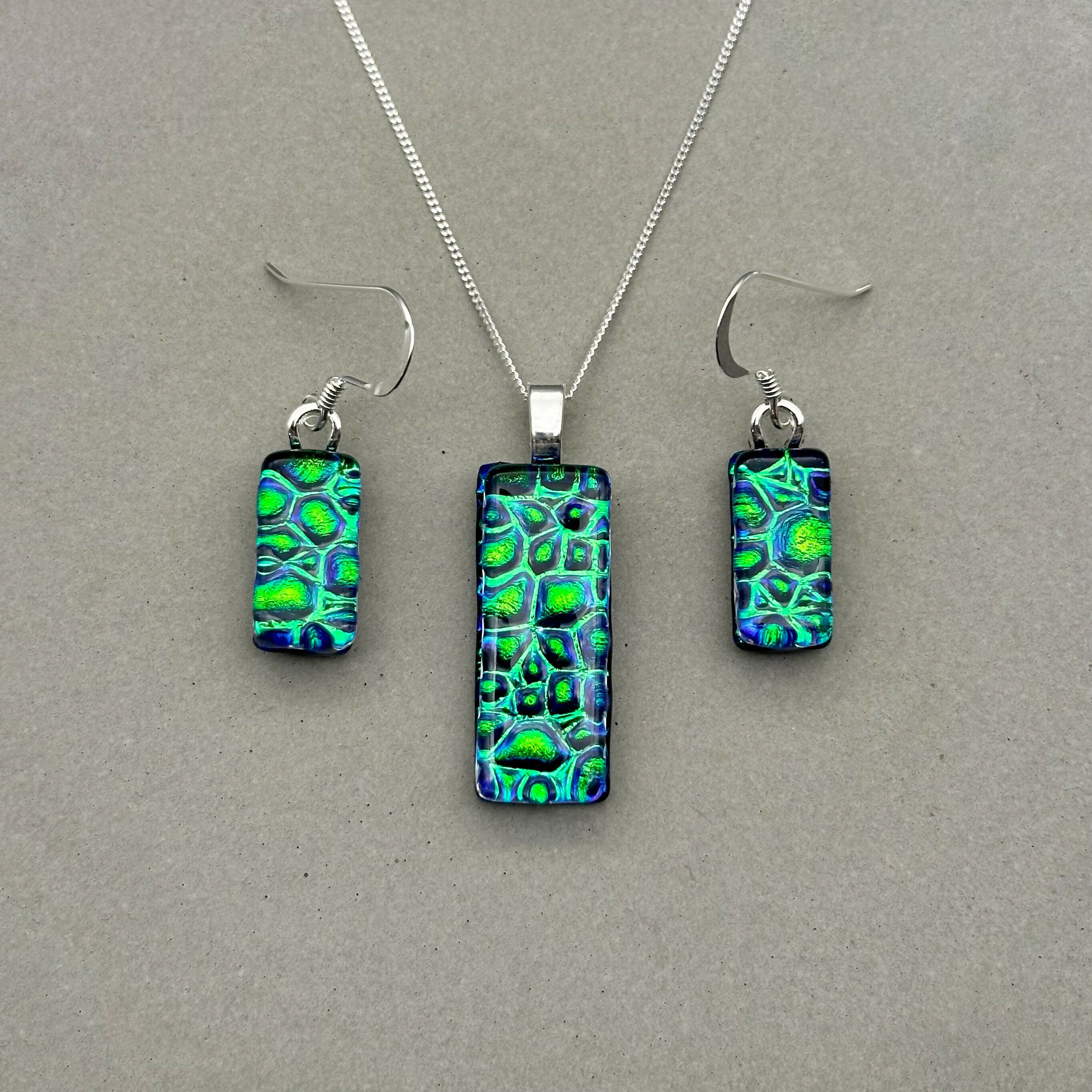 Emerald Green Raindrop Dichroic Glass Necklace and Earrings Set - Sterling Silver, Handmade by Jade Tapson Glass