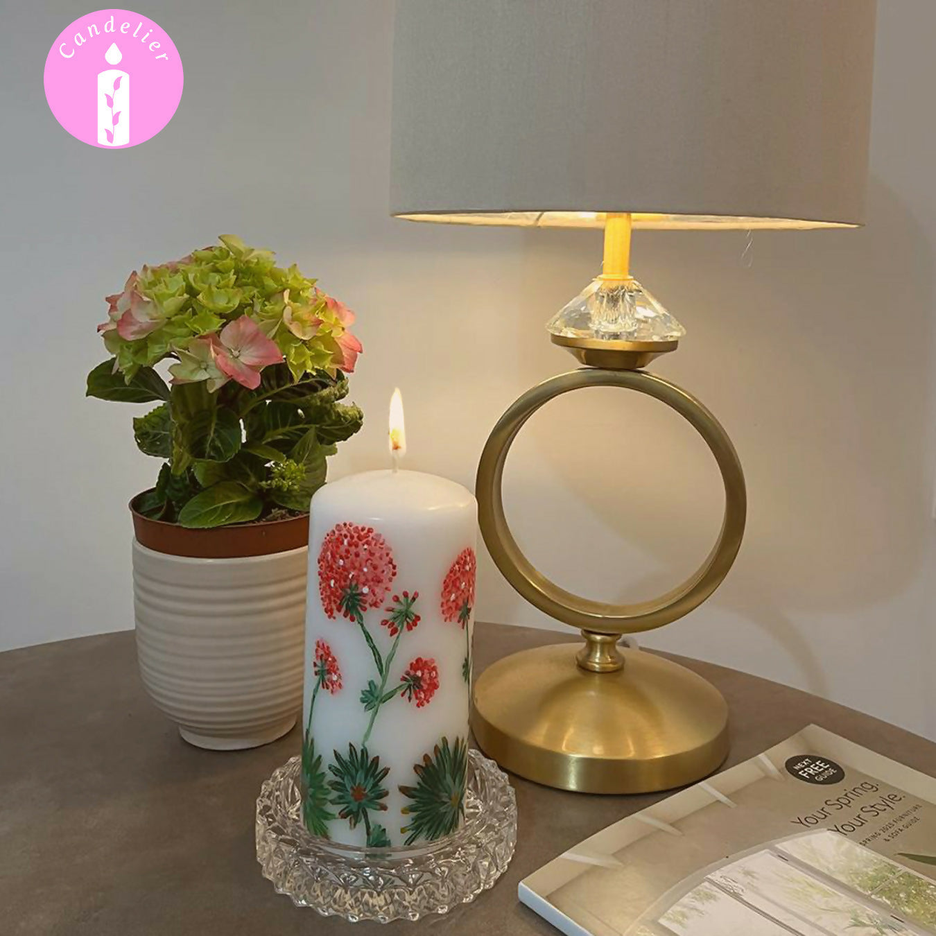 White Pillar Candle with Hydrangea Floral Design