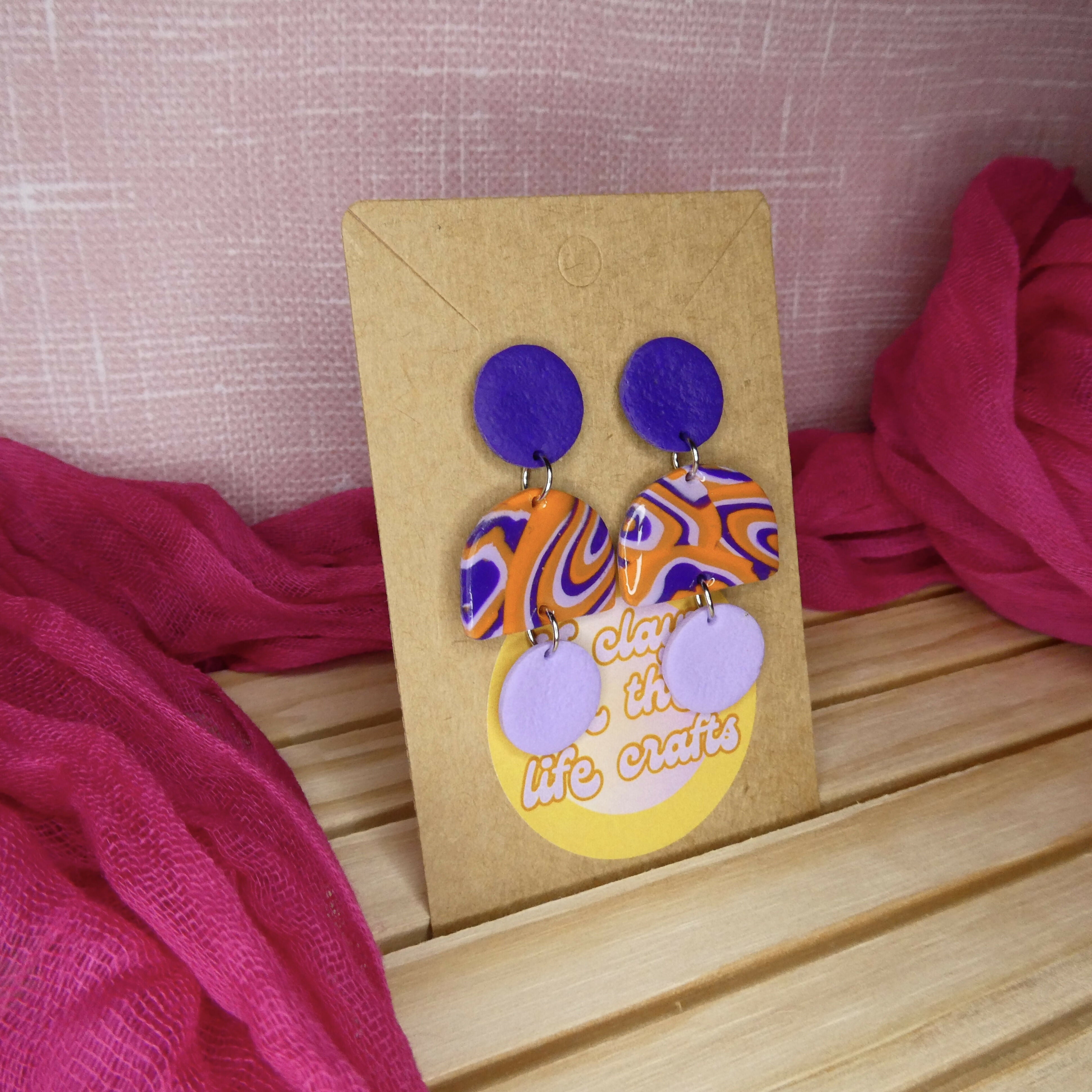 Purple And Orange Swirly Dangle Polymer Clay Earrings