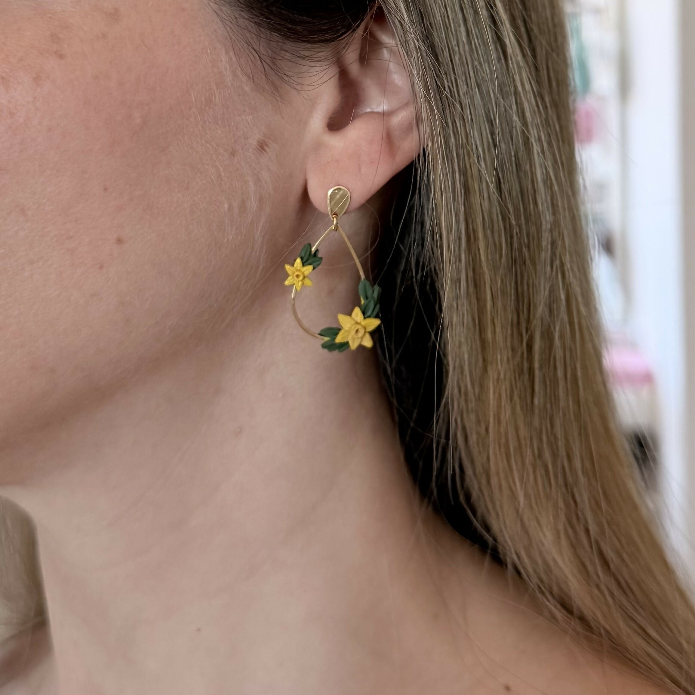 Daffodil Drop Earrings with Gold Arc in Yellow and Gold