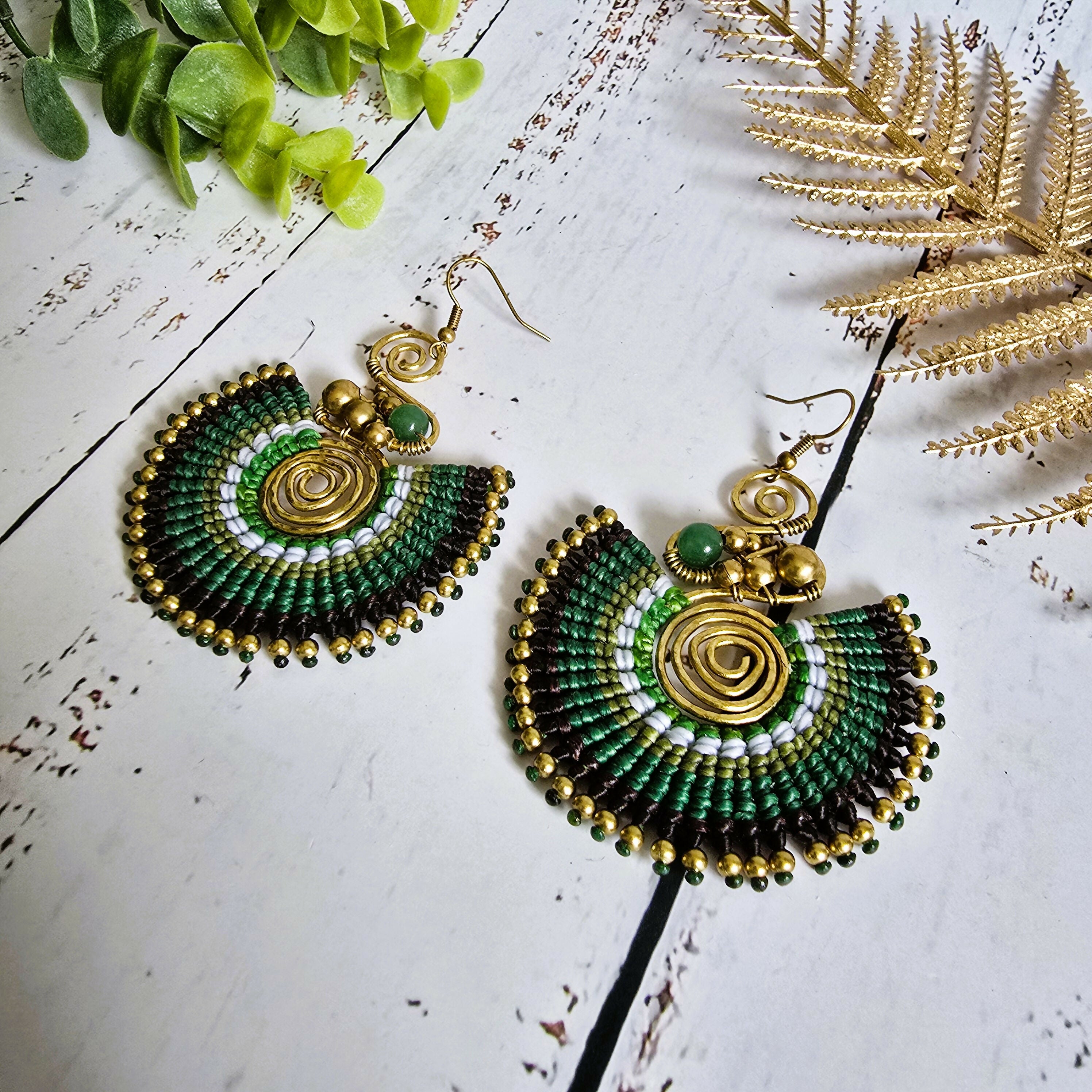 Green Jade Crystal Earrings; Full Moon Macramé Earrings With Gold Spiral & Bohemian Wirework