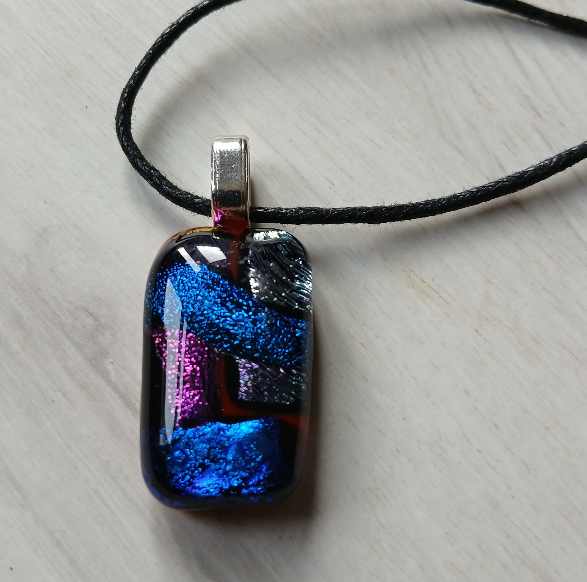 Fused Dichroic Glass Rectangular Pendant With a Cord Necklace (Blue and Turquoise)