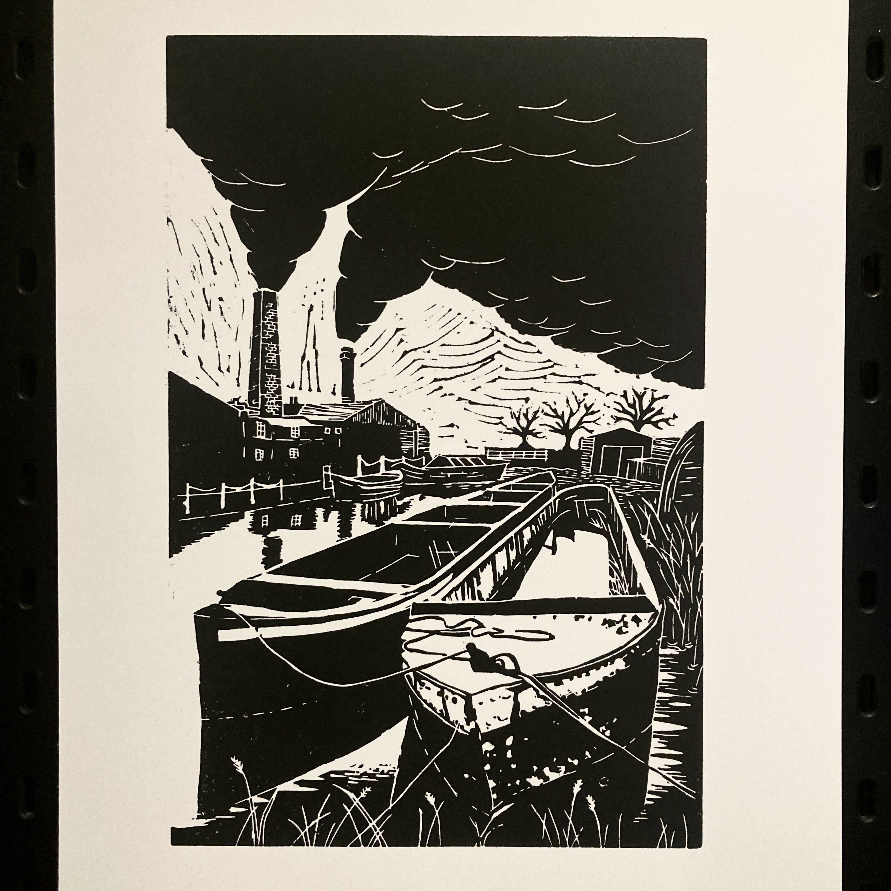 Black Country Barges - A3 Hand Carved Lino Print On Card