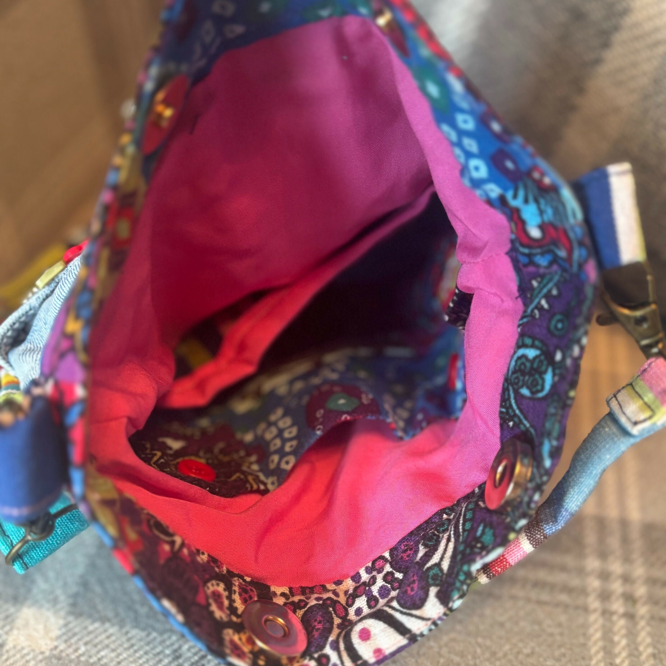 Unique Design Handcrafted Bag Purse Handbag Made From Upcycled Jeans And Bright Fabrics