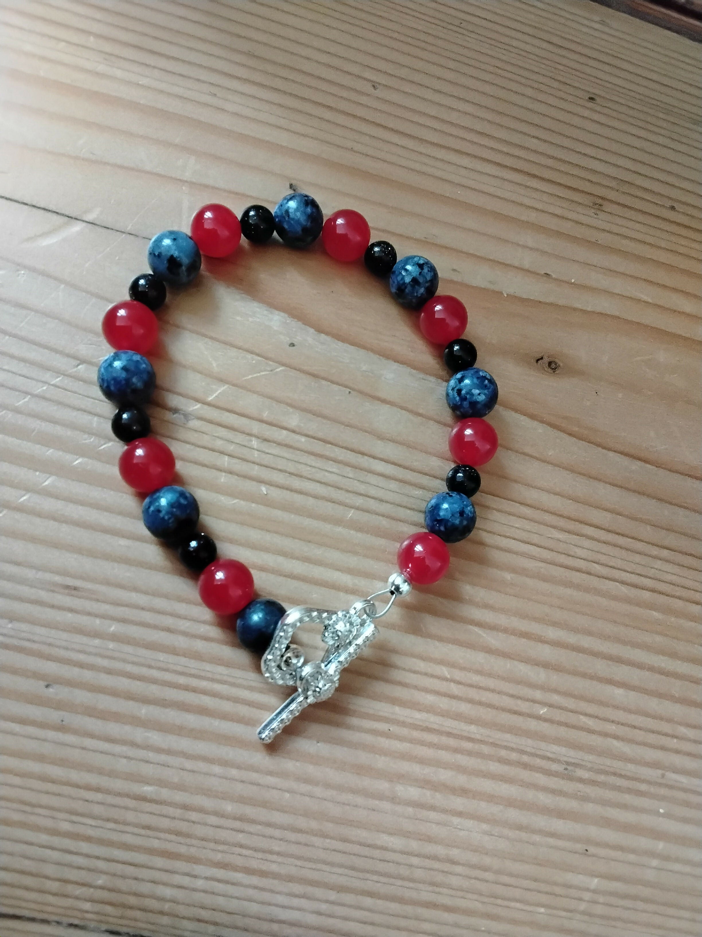 Tibetan Silver Toggle Catch Bracelet with Red Chalcedony, Blue Spotted Jasper & Navy Goldstone.
