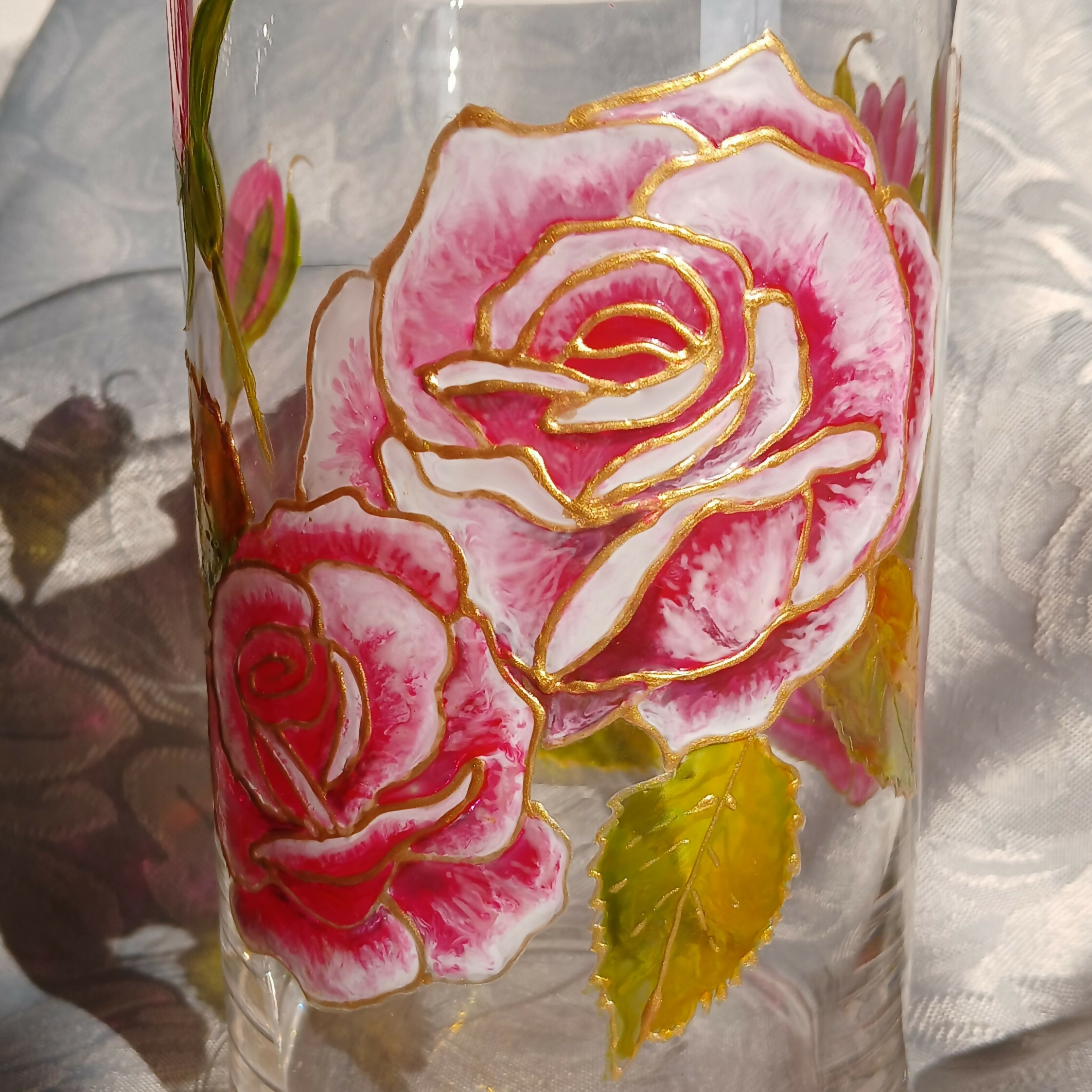 Hand Painted Glass Candle Holder or Vase, Roses