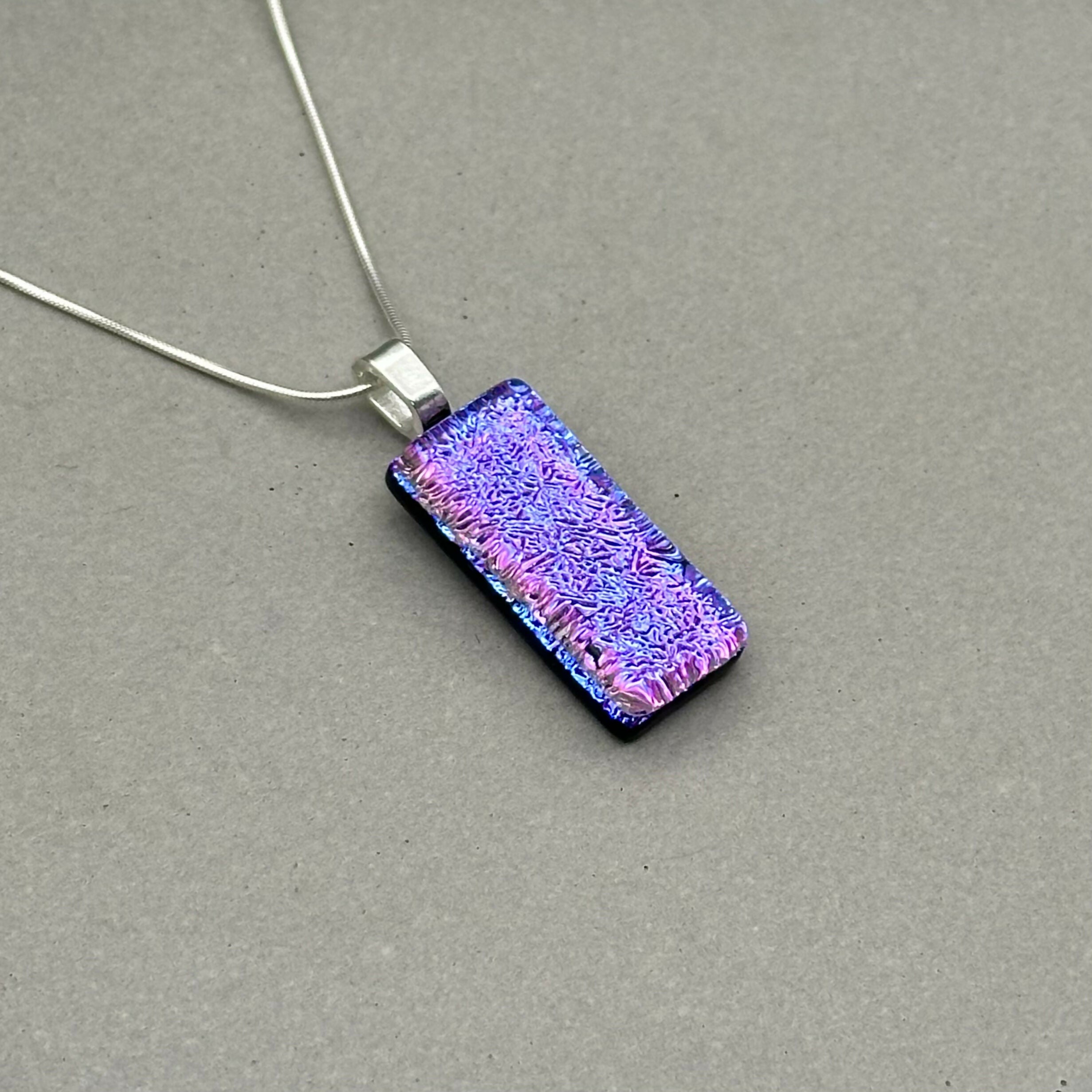 Purple & Pink Crackle Dichroic Fused Glass Pendant with Silver Plated Chain - Handmade by Jade Tapson Glass.