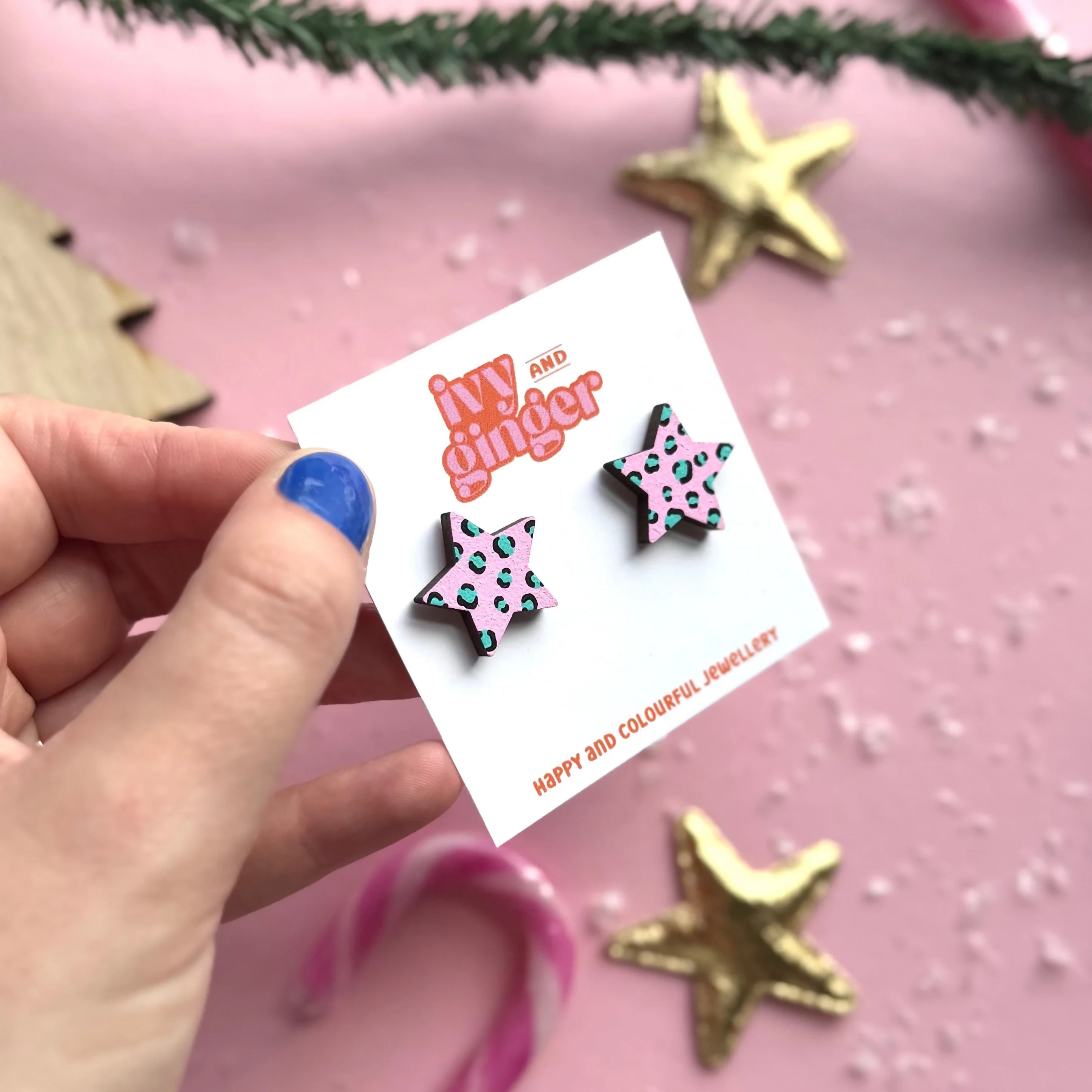 Pink And Teal Leopard Print Star Stud Earrings