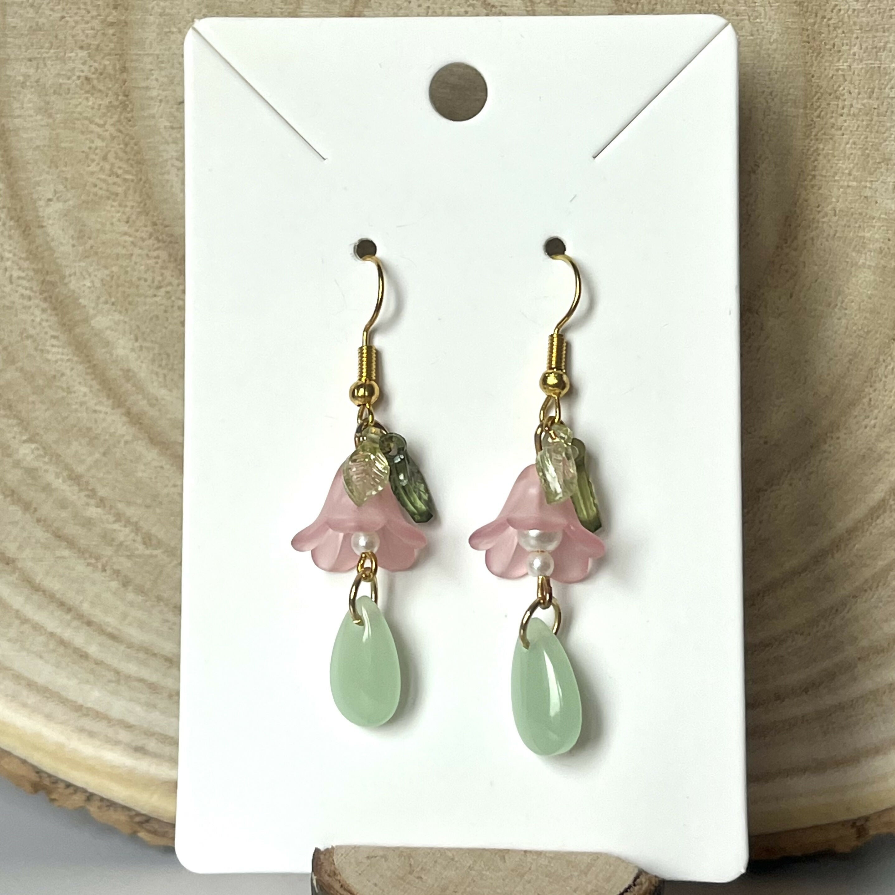 Hanging Pink Flower Green Teardrop Earrings In Gold