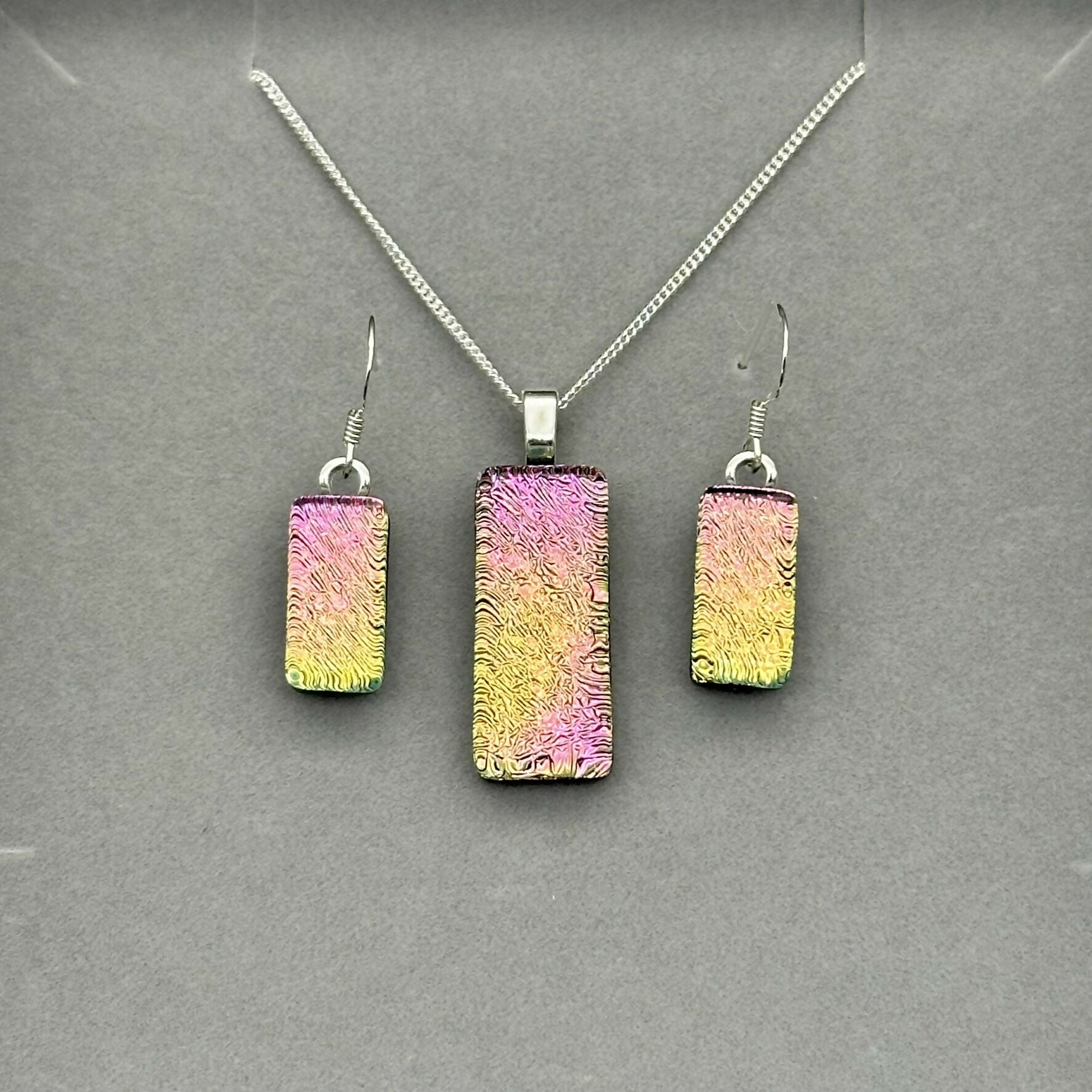 Pink & Yellow Dichroic Glass Necklace and Earrings Set - Sterling Silver, Handmade by Jade Tapson Glass