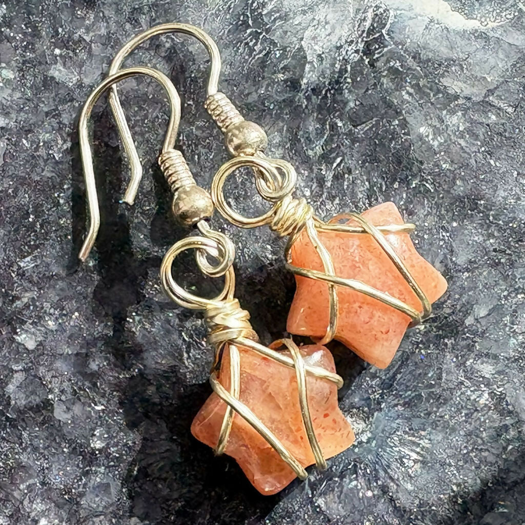 Handmade Sterling Silver Peach Moonstone With Sunstone Star Earrings