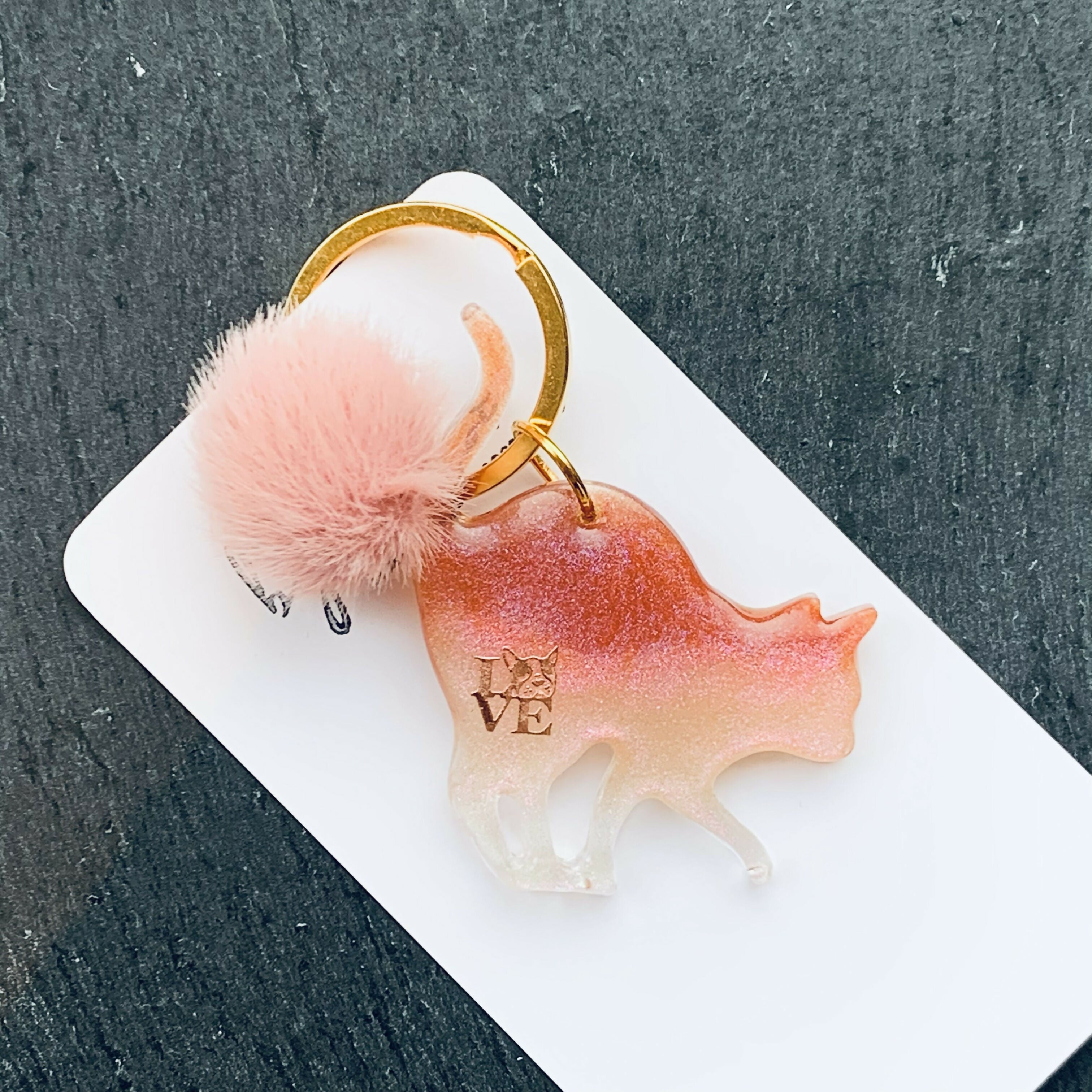 Hand-Poured Vibrant Mica Powder Resin Cat Keyring, Bag Charm with a Pom Pom